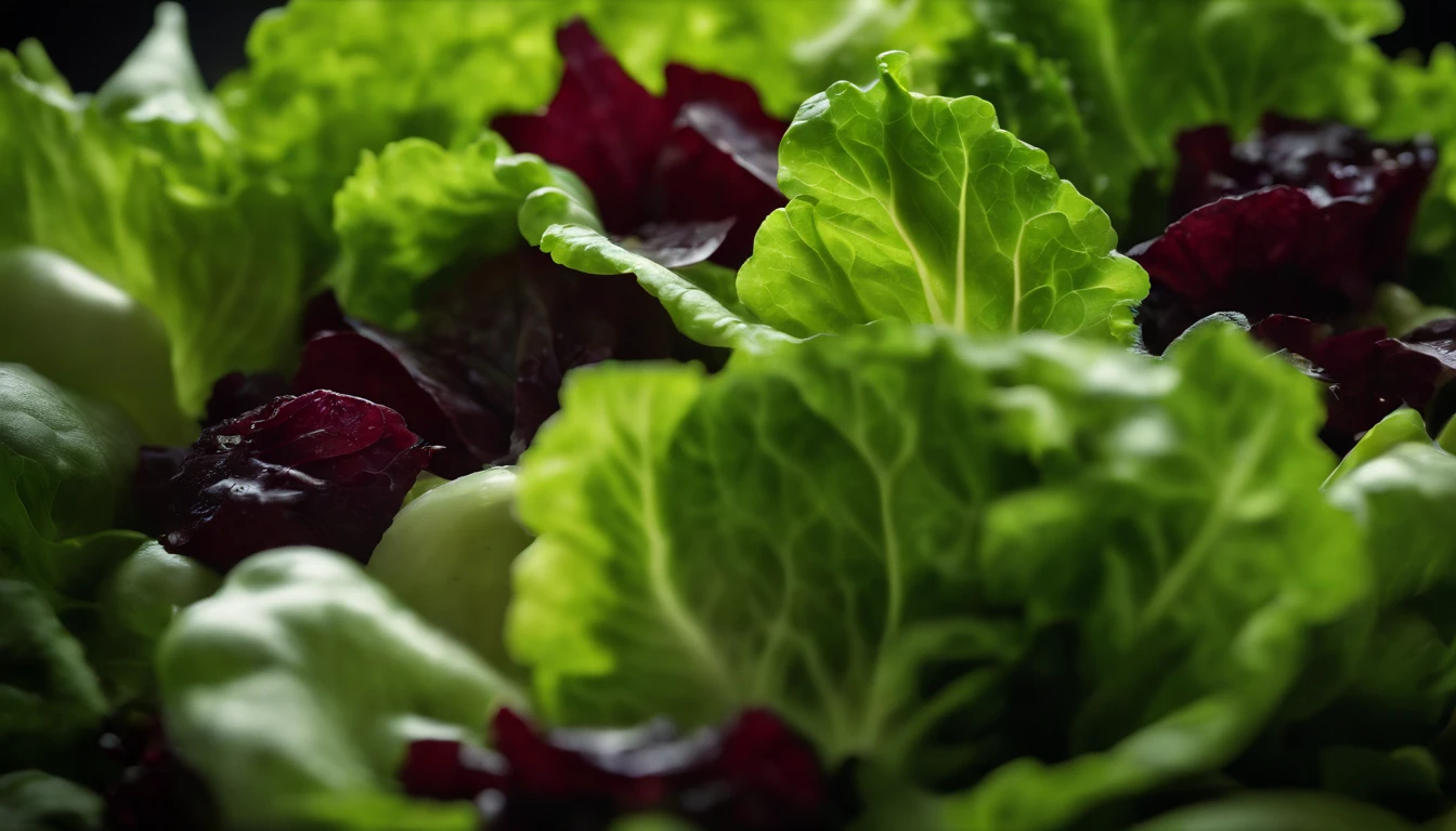 a high-resolution shot of a salad made with various types of lettuce, highlighting the different textures, colors, and shapes of the leaves