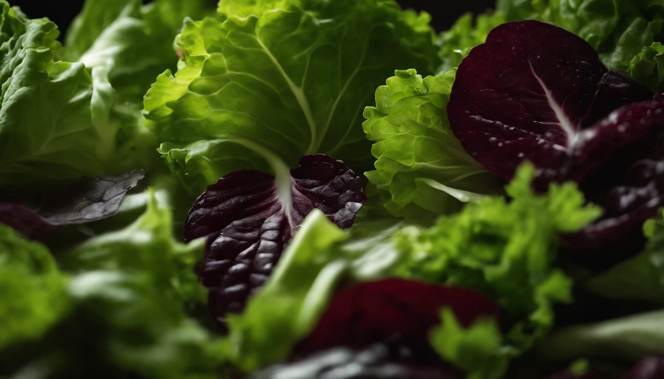 a high-resolution shot of a salad made with various types of lettuce, highlighting the different textures, colors, and shapes of the leaves