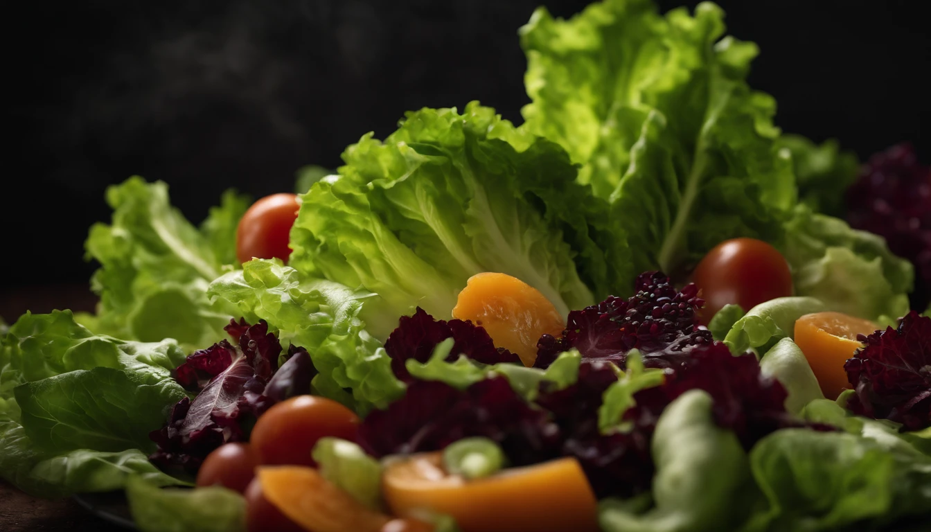 a high-resolution shot of a salad made with various types of lettuce, highlighting the different textures, colors, and shapes of the leaves