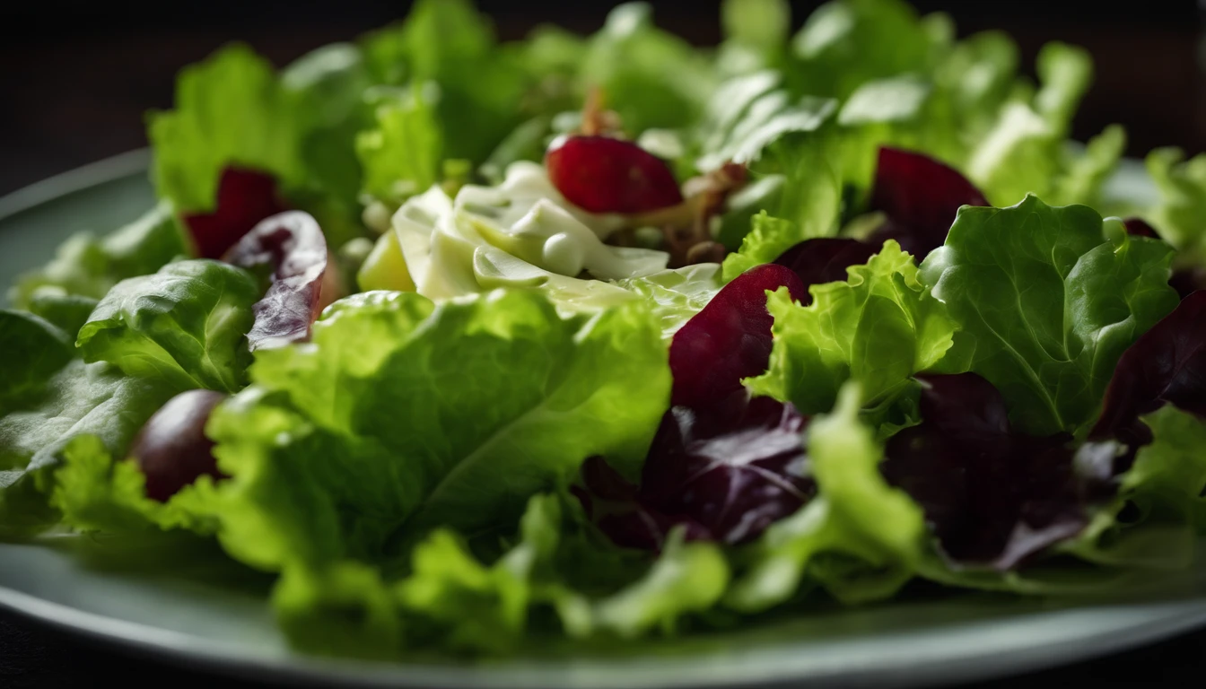 a high-resolution shot of a salad made with various types of lettuce, highlighting the different textures, colors, and shapes of the leaves
