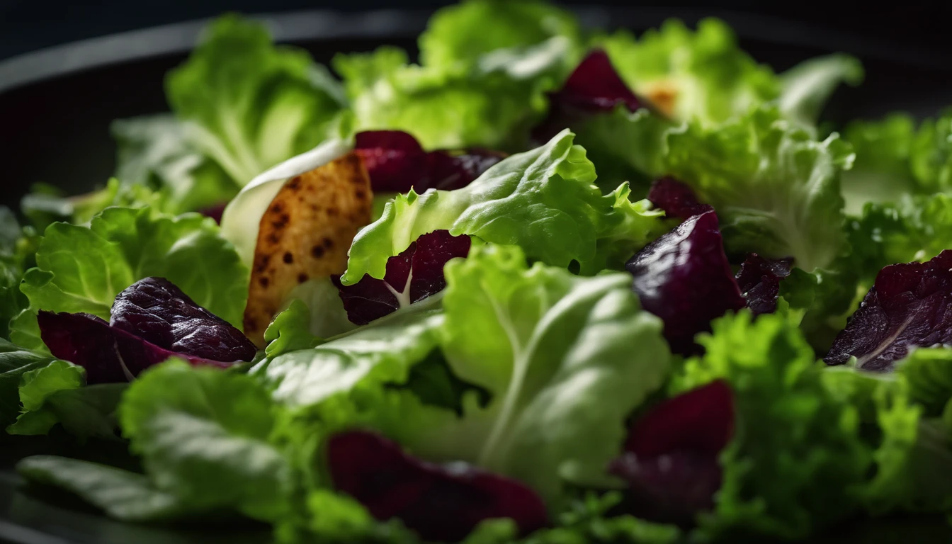 a high-resolution shot of a salad made with various types of lettuce, highlighting the different textures, colors, and shapes of the leaves