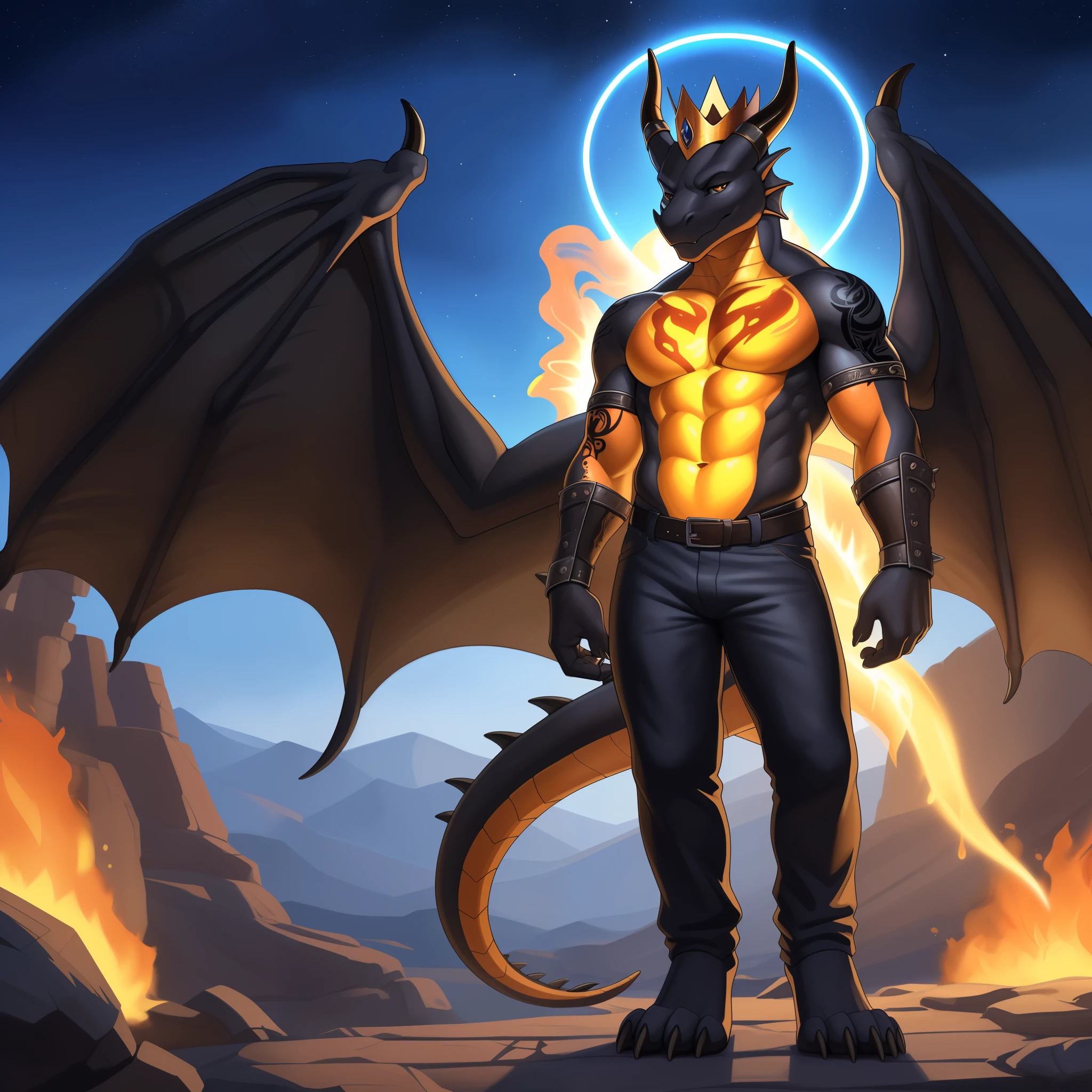 (masterpiece, best quality, high quality, highres:1.4), detailed, extremely detailed, bright lighting, 4K, (by ruaidri), yupa, kiyosan,(by meesh), (by fffffolder)), delga: (slim, athletic, dragon, ((black body)), smooth skin, athletic muscle, anthro legs, ((young)), (dragon feet), (toe claw), black spikes, (detailed eyes), dragon horn, ((dragon tail)), tail attached to waist, 1tail, ((dragon wings)), bare_shoulders, (clothing, handwear:(vambraces), bottomwear:(pants:black, [[leg armor]]))), beautiful, closed_mouth, ((serious_look, menacing)) tag:1boy)), (headwear: crown), covered in tattoos, has tattoos, tattoos covering the chest and arms, tattoo sleeves on both arms, flames coming off the skin, ((Ghost Rider)), night sky, has a halo, halo above their head, wearing a crown