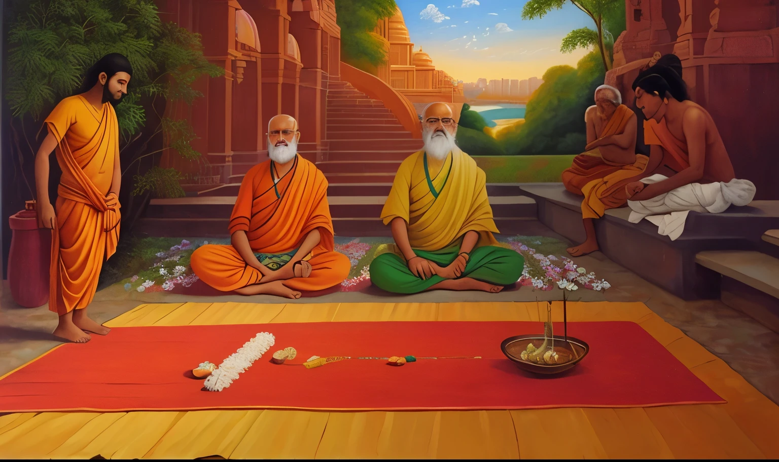 pintura de um grupo de pessoas sentadas em um campo perto de um rio, hindu stages of meditation, wise old indian guru, pintura ditigal, puṣkaracūḍa, por Bapu, beautiful depiction, Samadhi, kuntilanak on bayan tree, pintura religiosa, artistic depiction, hystorical painting, Ancient India, Arte hindu
