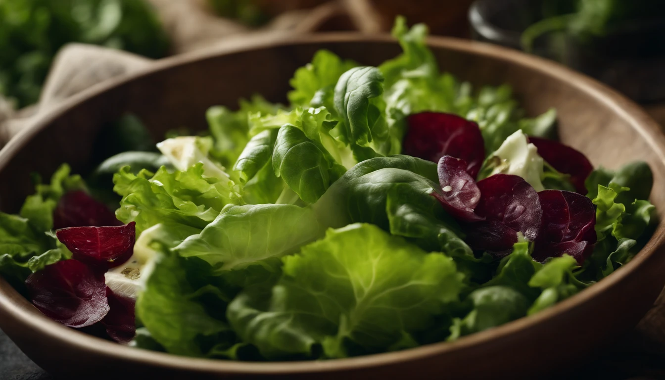 a high-resolution shot of a salad made with various types of lettuce, highlighting the different textures, colors, and shapes of the leaves