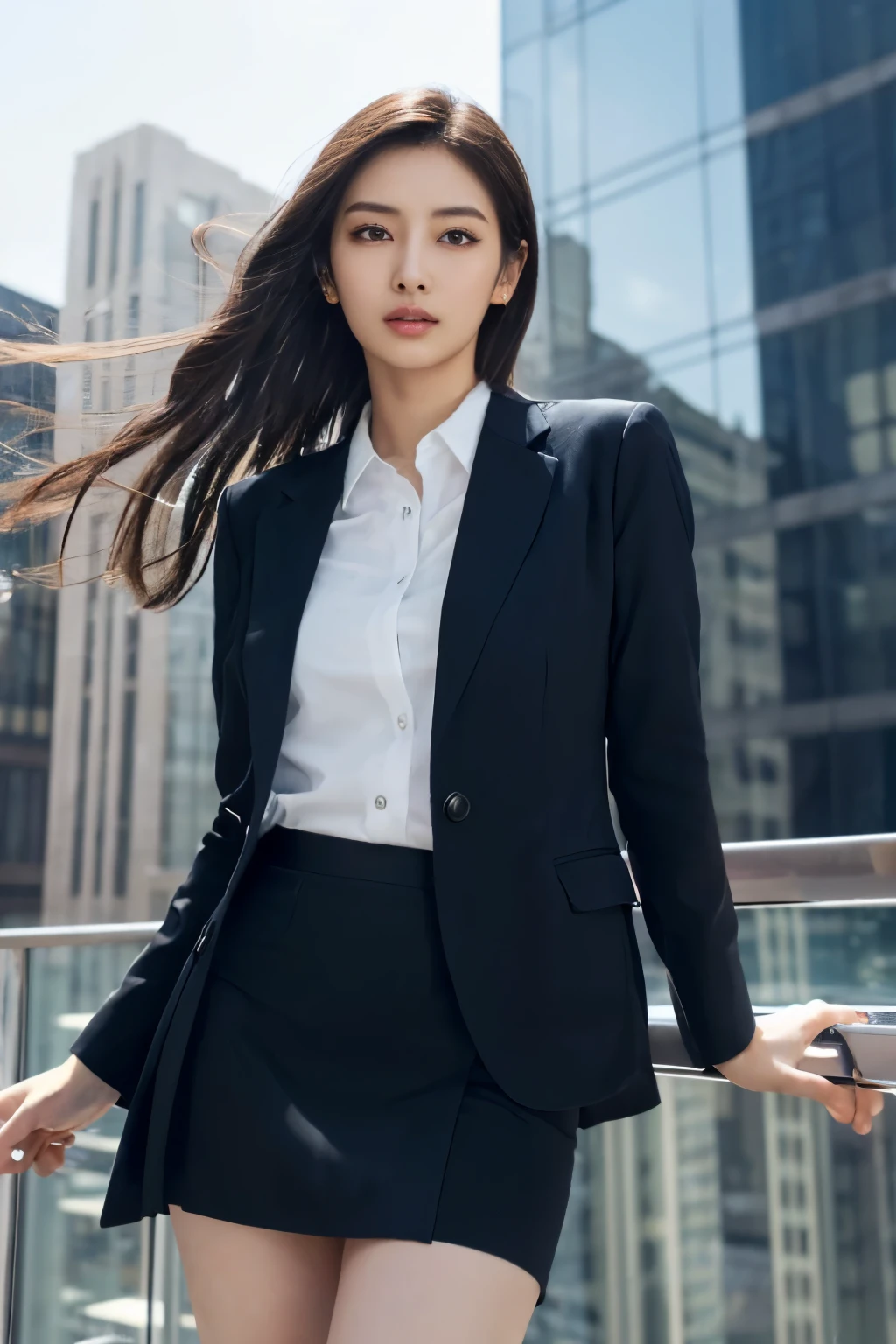 ((masutepiece:1.4, Best Quality)), (photos realistic:1.4),
((1girl in)), Lustrous black hair, Hair that flutters in the wind,
(超A high resolution:1.2), Extremely delicate and beautiful, amazing,
the Extremely Detailed CG Unity 8K Wallpapers, Ultra-detailed, High resolution, Soft light,
Beautiful detailed girl, extremely detailed eye and face, beautiful detailed nose, Beautiful detailed eyes,
(Dark blue business suit, skirt by the:1.4),
Cinematic lighting, Perfect Anatomy, Slender body, slender long legs, Taut,
(Glass-walled skyscrapers:1.3), (sunny winter blue sky:1.4), (Beautiful form with an inorganic atmosphere),
cool expression, Cowboy Shot