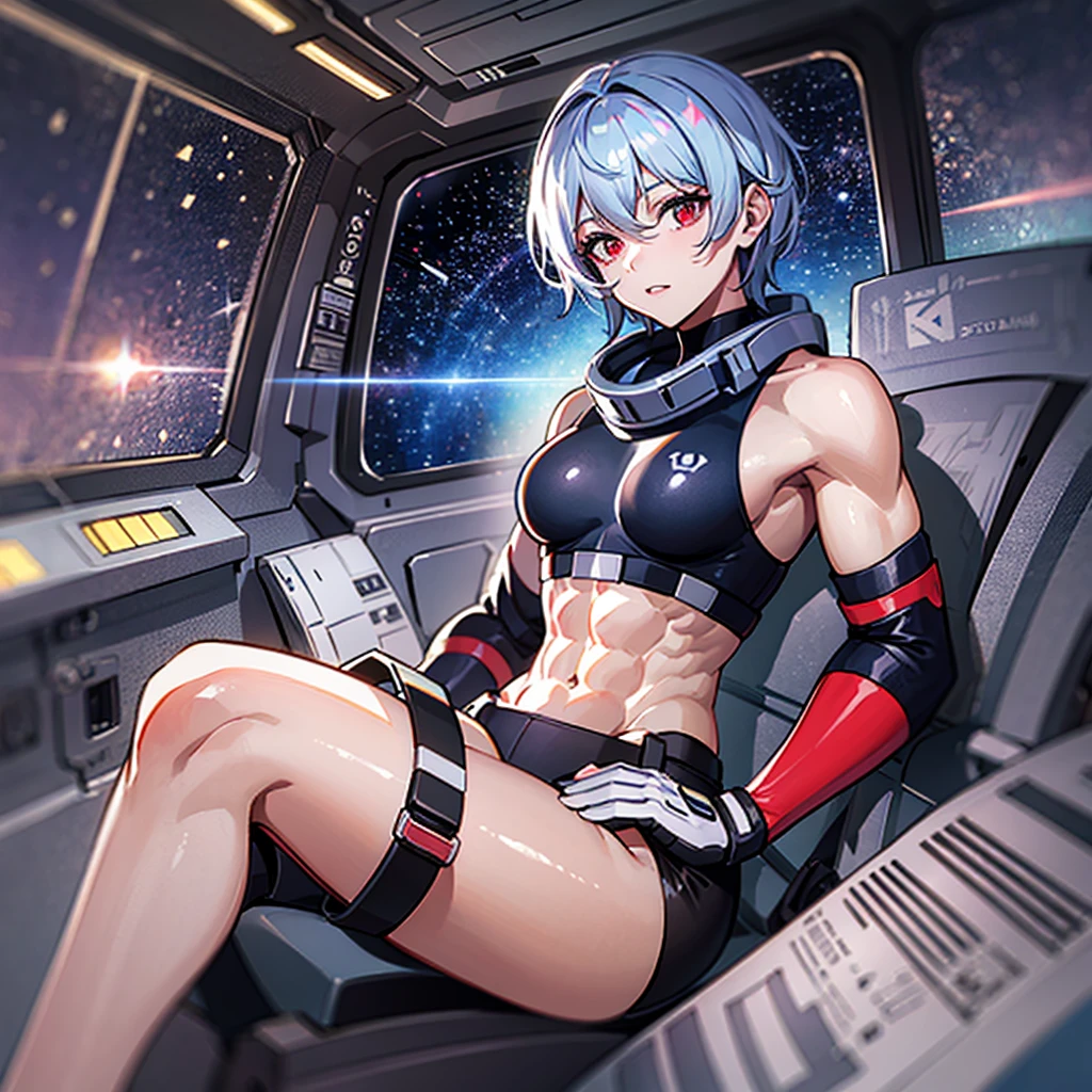 (((masterpiece、Top image quality、top-quality、highly detailed unity 8kwall-paper)))、((Illustration of one girl))、(pilot)、(((blue silver short hair)))、Red eyes、((Tall))、(((Muscle Girl、Muscular and strong body、abdominals、muscular and thick arms、muscular and thick legs、stocky build、muscular legs、broad shoulders))))、(((白いpilotスーツ)))、((manspreading、Sitting in the cockpit))、((space fighter cockpit、The Universe on the Monitor、Earth seen from space))