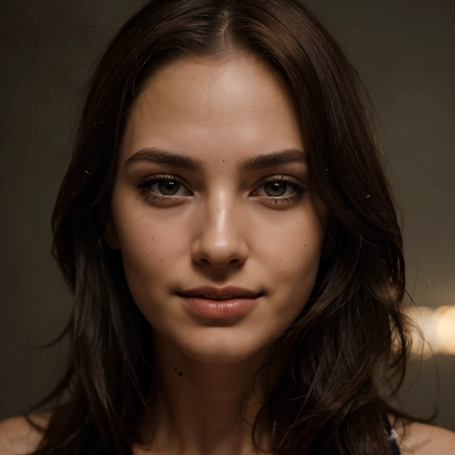 realistic portrait of a 22 years old girl with brown hair and brown eyes, extended thick black eye liner, dark eye shadow, long eyelashes, red shiny lips, happy, smiling, cheerful expression, beautiful lips, intricate details, shallow depth of field, highly detailed, high budget, gorgeous, masterpiece, award-winning, professional, highly detailed, detailed skin texture, (goosebumps: 0.5). (the most beautiful woman in the world) (brown hair), thin face, thin nose, beautiful, very beautiful, perfect face, slender body (slender), (brown hair) (brown eyes ) (white skin) Beautiful body, western face, predatory eyes, western beauty, thin nose, beautiful, perfect, ((best quality)), ((ultra resolution)), ((photorealistic: 1.4)), (intricate details), perfect face, clear face, facial details, front view, (highly detailed face:1.4), (by lee jeffries), film stock photograph, rich colors, hyper realistic, lifelike texture, dramatic lighting