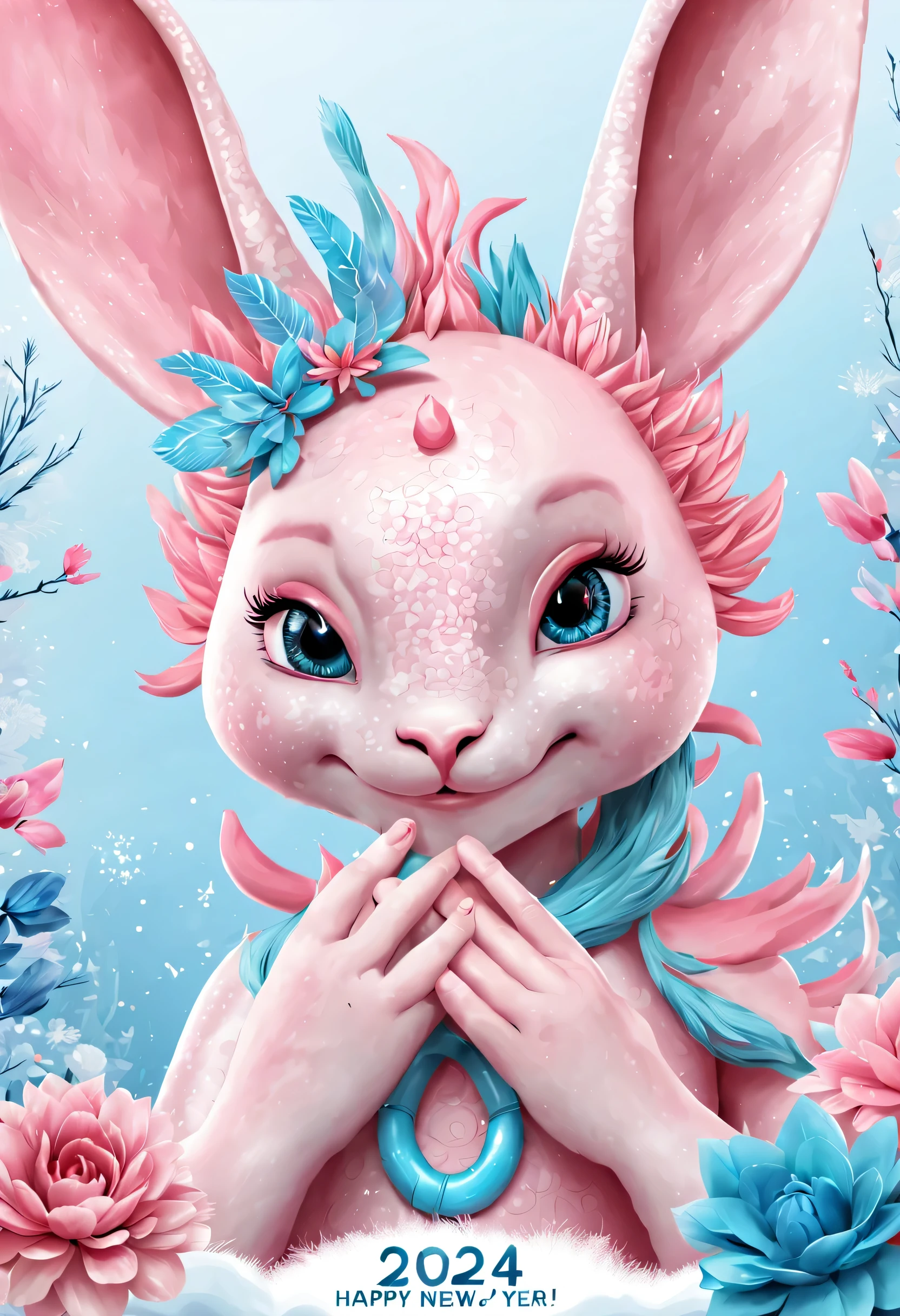 (2024 new year poster design),Pink and blue as main colors, (Cute and playful blue zodiac dragon shaking hands with pink rabbit),Wearing beautiful makeup,Long eyelashes,a happy new year,(2024), a happy new year,fresh flowers,