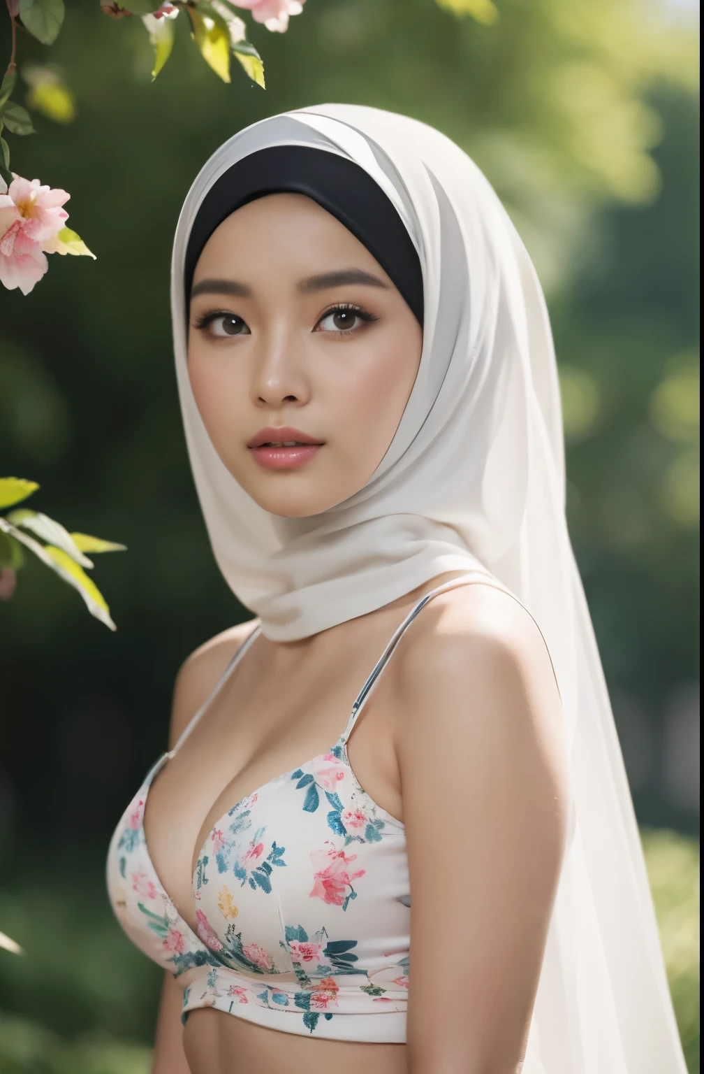 (Close-up of the painting style,Ultra HD 8K,Masterpiece grade CG wallpaper),Cinematic lighting,cute girly,Delicate and beautiful face,Dreamy pupils,Wearing a small floral short summerdresound waist,hijabi,Bust poem,Sit,Cloudy background,the trees,florals,夏天,Chinese style buildings, cleavage, magical