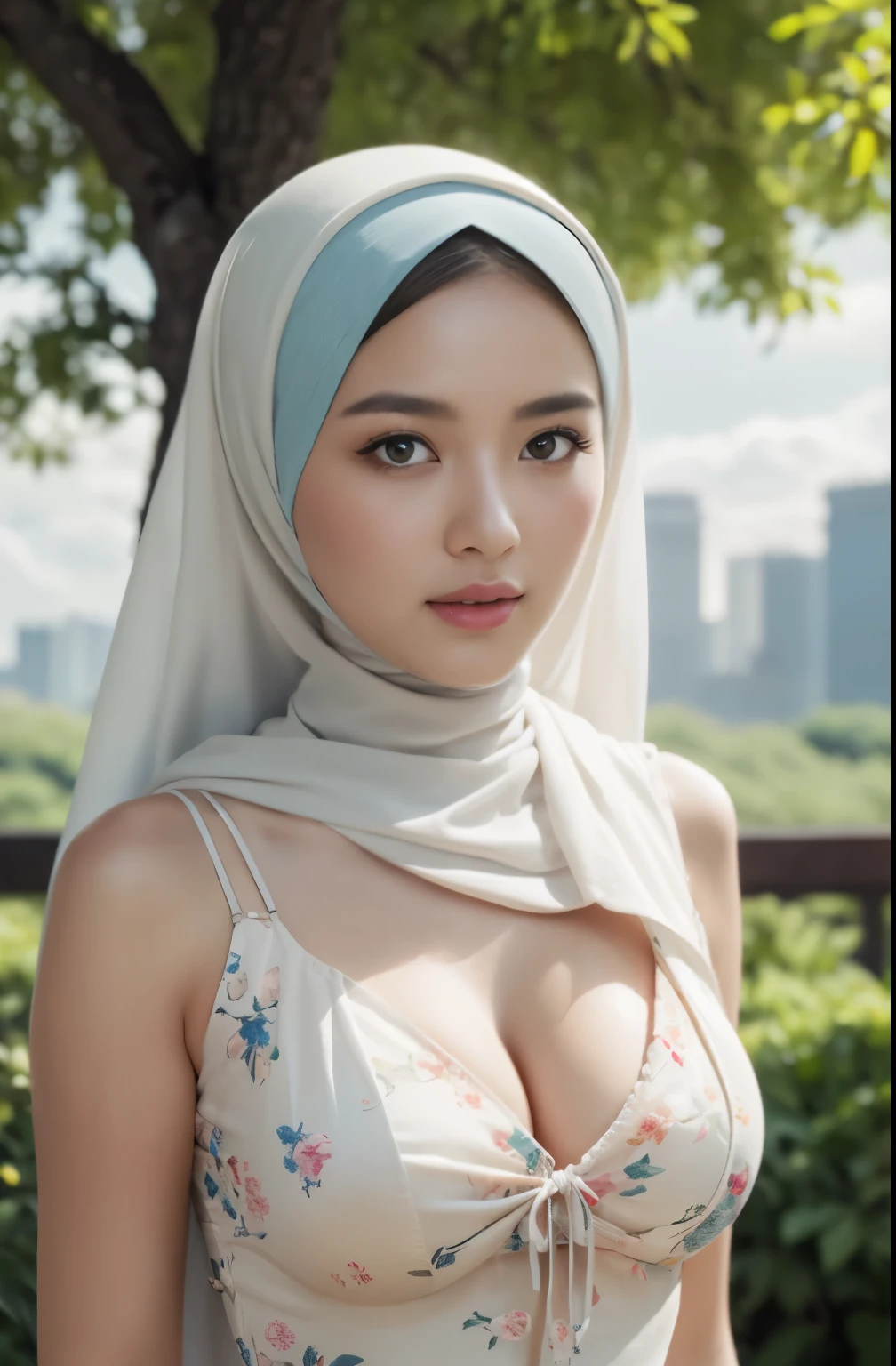 (Close-up of the painting style,Ultra HD 8K,Masterpiece grade CG wallpaper),Cinematic lighting,cute girly,Delicate and beautiful face,Dreamy pupils,Wearing a small floral short summerdresound waist,hijabi,Bust poem,Sit,Cloudy background,the trees,florals,夏天,Chinese style buildings, cleavage, magical
