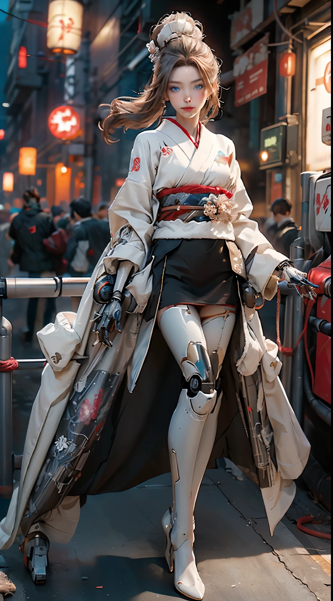 Head-to-toe photo of a full-length female robot with a mechanical body..., mechanical hand, mechanical foot, Blue Eyes, long, light brown hair flows., Wearing a red kimono, Decorate the body with various metal flowers, Turn Around, look at camera, Drift into the cyber world of the future.., Humanity cyberpunk style, Realistic, Elegant, wide shot, high-detail,Exquisite,10, Lens 65mm,full-body-shot, White gold tone