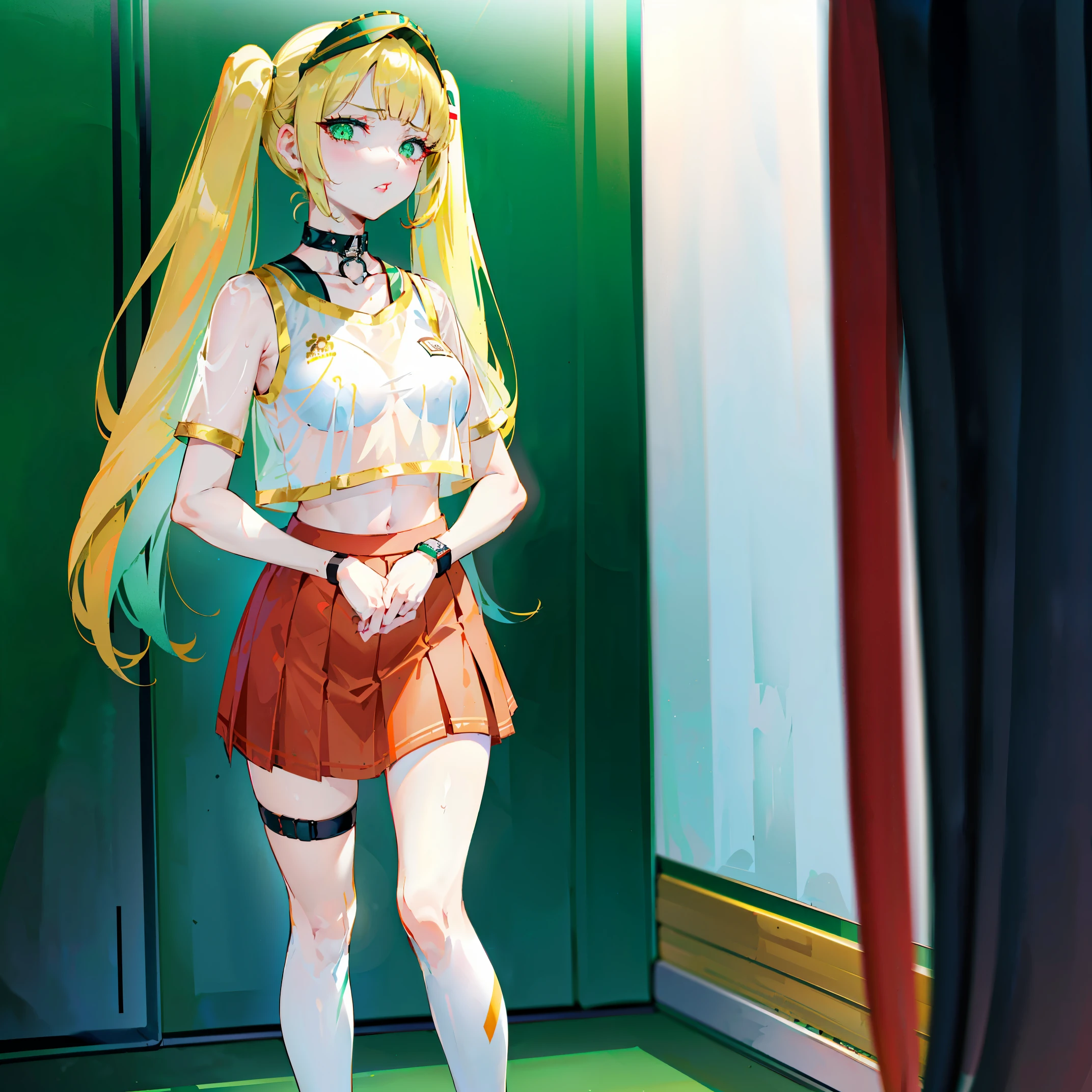 (8k, best quality, tmasterpiece:1.2),\(eye detailed\),\(Facial features\),(\(Clothes detail details\)\),(1 girl:1.3),(solo:1.35),full body,(/golden hair:1.2/),(/green eyes/),(twintail hairstyle:1.2),(bright red lips:1.3),(/white skin:1.2/),Disgusted Face,huge breasts,The faintly visible collarbone,(slim waist:1.3),navel,(Cheerleader uniforms:1.2),(sports visor:1.leated skirt:1.3),(in the women&#39;s watch room),indoor,(ssee-through:1.4),(depth of fields:1.15)