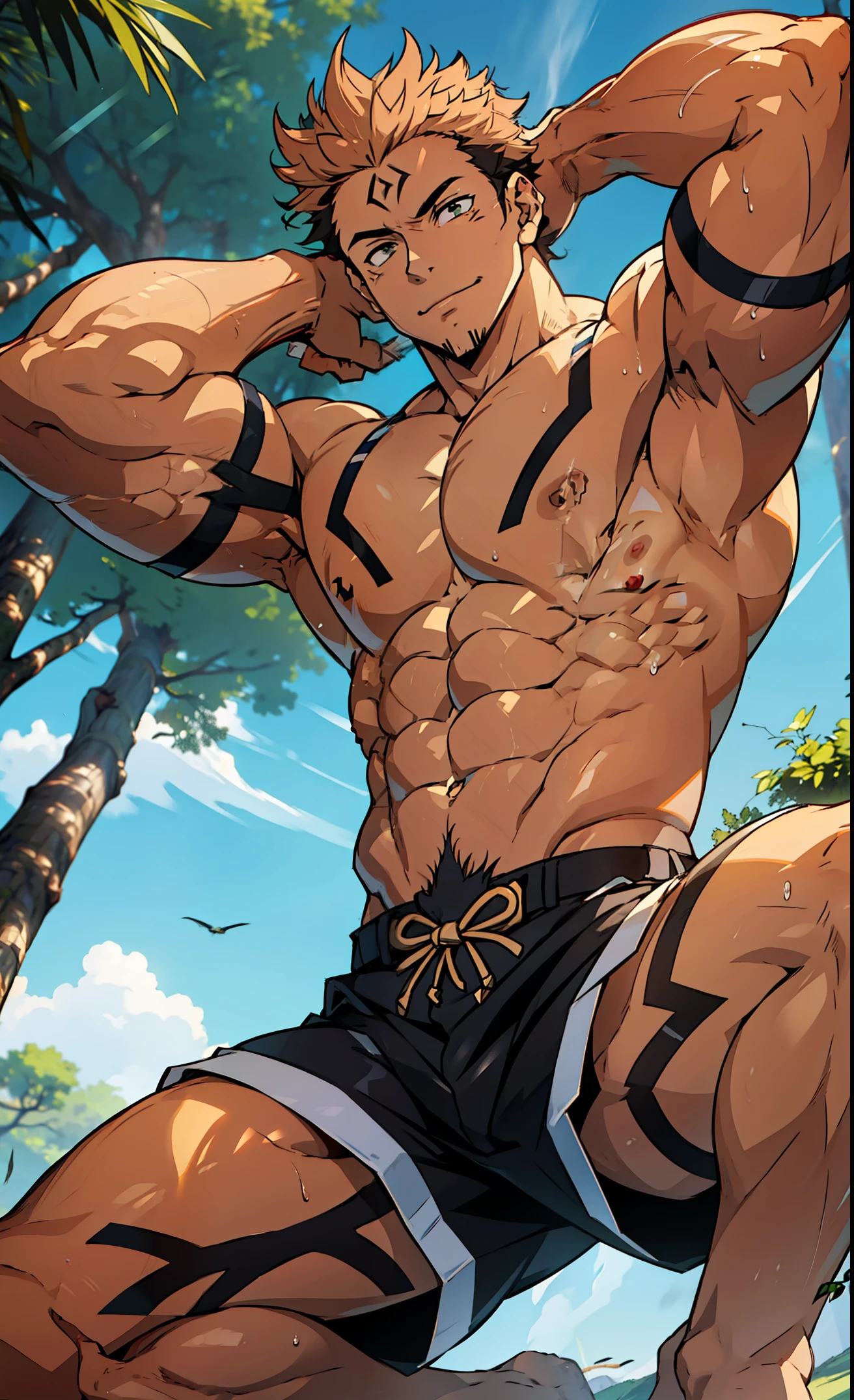 (canto da foto de baixo para cima) (imagem da mais alta qualidade) Lion man ,real, jovem, foco masculino, vestindo shorts, imagem de anime, lying on the grass , pernas bem abertas,  face, rosto atraente, cabelo subcortado, huge muscle muscles of the , anime wallpaper, exibindo seus musculos, large strong thigh muscles, Biceps Sinewy muscles, virilha marcando, Big , corpo tonificado devido ao treinamento intenso, Well-developed muscles, abdomen trincado, six pack, ABS transparente de 8 embalagens, 3 metros de altura, , abrindo bem as pernas, pele brilhante, rede de suor pingando, hands on thighs,  feet, Sem barba