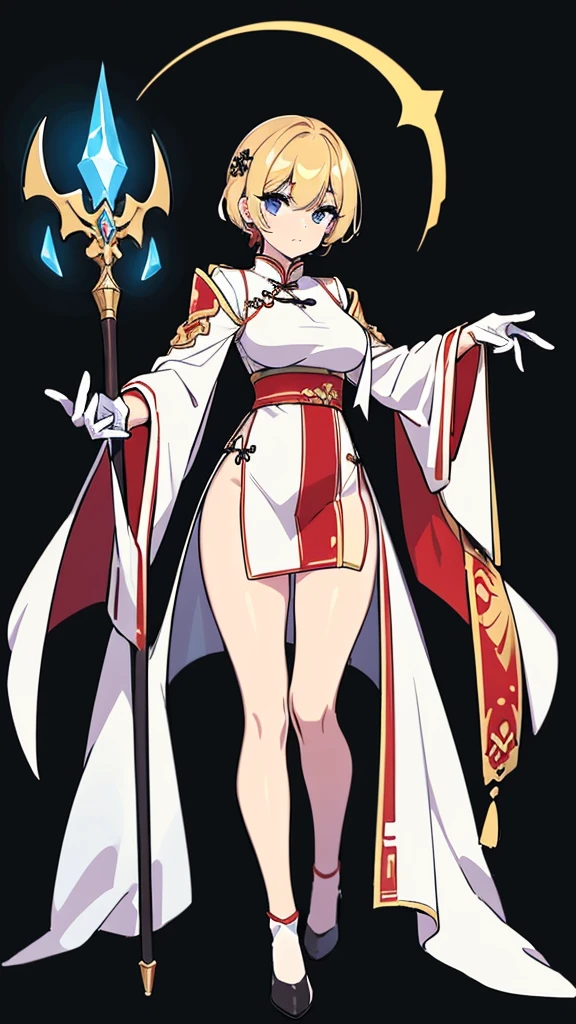 (((Best Quality))) , ((full body)), female, reference sheet, solo, (white background), holding staff, gloves, loin cloth , cloak, priest, chinese dress skirt, trench skirt,