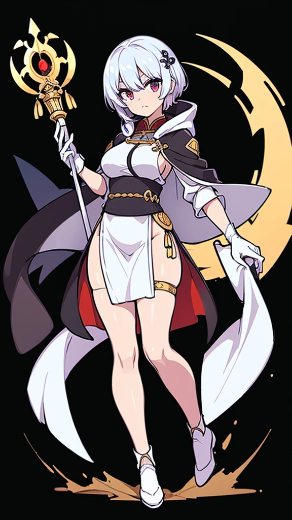 (((Best Quality))) , ((full body)), female, reference sheet, solo, (white background), holding staff, gloves, loin cloth , cloak, priest, chinese dress skirt,  trench skirt,