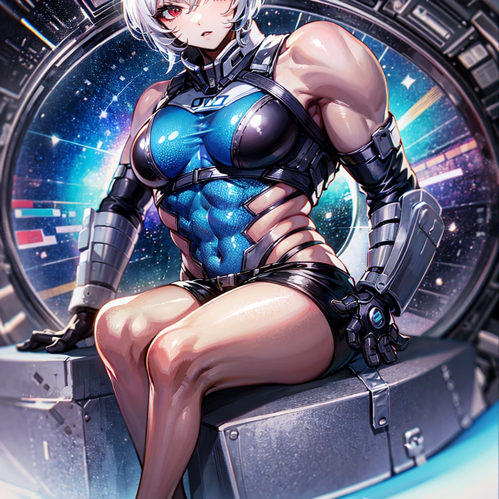 (((masterpiece、Top image quality、top-quality、highly detailed unity 8kwall-paper)))、((Illustration of one girl))、(pilot)、(((blue silver short hair)))、Red eyes、((Tall))、(((Muscle Girl、Muscular and strong body、abdominals、muscular and thick arms、muscular and thick legs、stocky build、muscular legs、broad shoulders))))、(((白いpilotスーツ)))、((manspreading、Sitting in the cockpit))、((space fighter cockpit、The Universe on the Monitor、Earth seen from space))