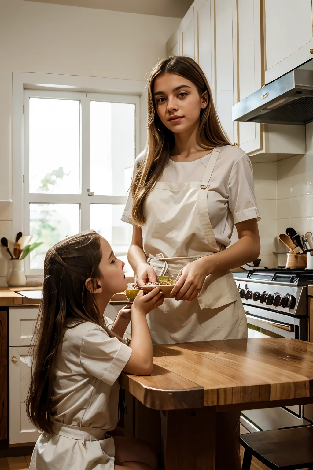 Create a heartwarming and detailed portrait capturing the essence of a tender mother-daughter moment in a cozy kitchen setting. Emphasize the richness of their relationship through expressive faces and intricate skin details. The mother, with warm hazel eyes and a subtle smile, gracefully guides her young daughter in the culinary art. Showcase the subtle textures of their skin, highlighting the authenticity of the moment.

In terms of composition, position them by a kitchen counter adorned with fresh ingredients. Illuminate their faces with the soft glow of natural light streaming in from a nearby window, casting gentle shadows that enhance the realism of the scene. Ensure the mother's eyes reflect a mix of patience, love, and culinary expertise, while the daughter's eyes sparkle with curiosity and admiration.

Zoom in to capture the fine lines, freckles, and contours of their faces, portraying the unique beauty of each individual. Let the kitchen ambiance be felt through details like the play of light on utensils, the vibrant colors of ingredients, and the comforting warmth emanating from the stove.

For added depth, depict strands of the mother's chestnut hair and the daughter's lighter, playful locks, paying attention to the interplay of highlights and shadows. Create an atmosphere that exudes warmth, love, and the joy of shared moments in the heart of a home.