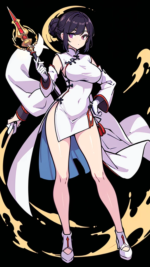 (((Best Quality))) , ((full body)), female, reference sheet, solo, (white background), holding staff, gloves, loin cloth, chinese dress skirt,  trench skirt,