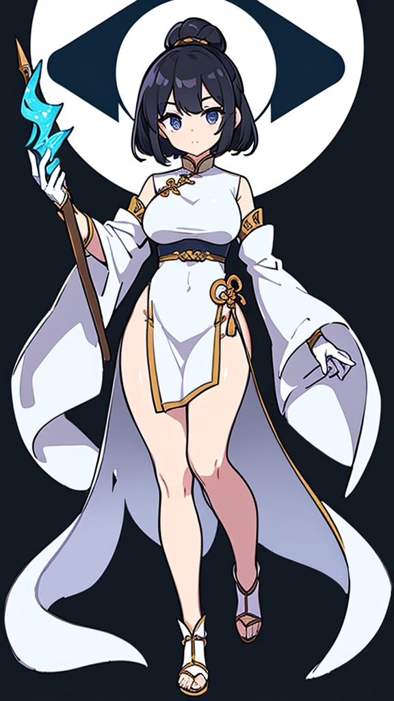 (((Best Quality))) , ((full body)), female, reference sheet, solo, (white background), holding staff, gloves, loin cloth, chinese dress skirt,  trench skirt,