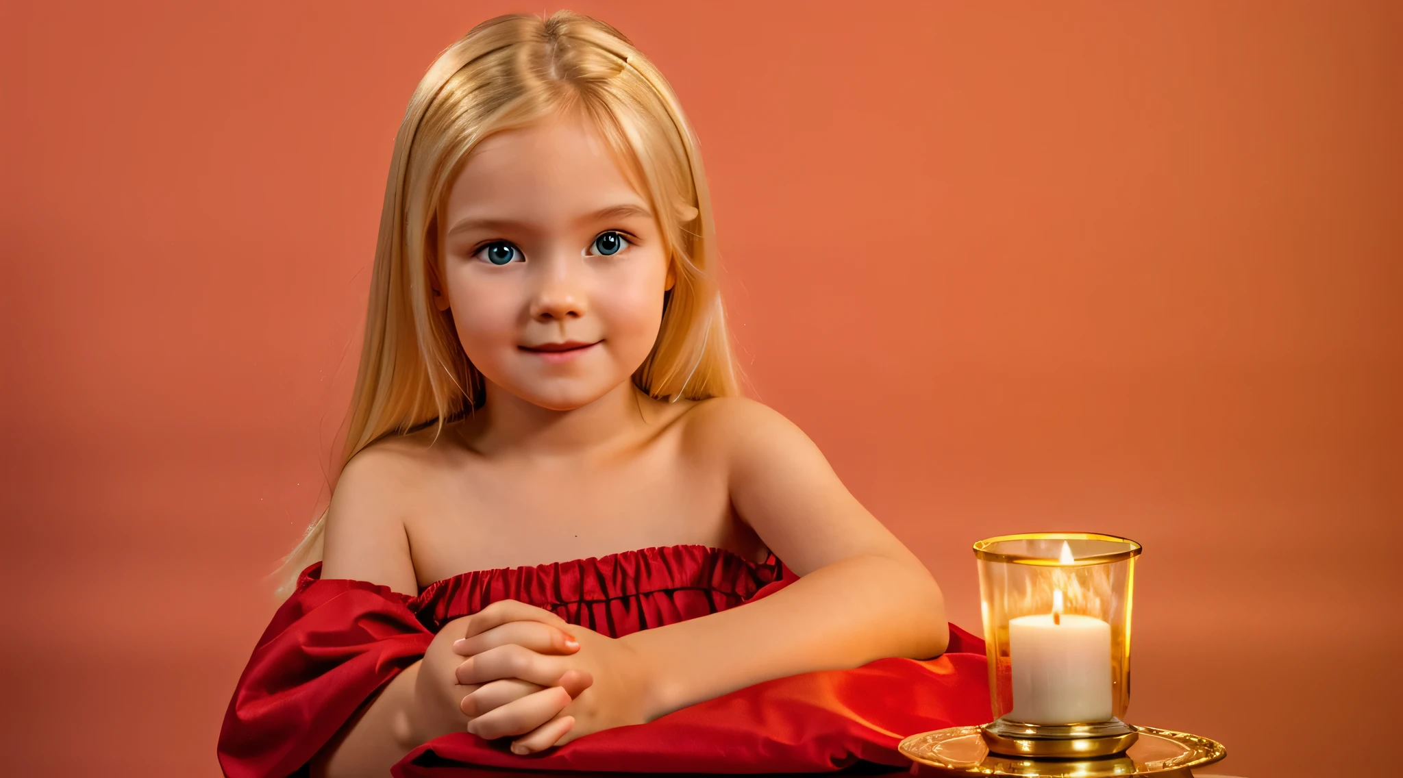 BLONDE CHILDREN GOLDEN ANGEL GIRL with candle in hand. fundo vermelho