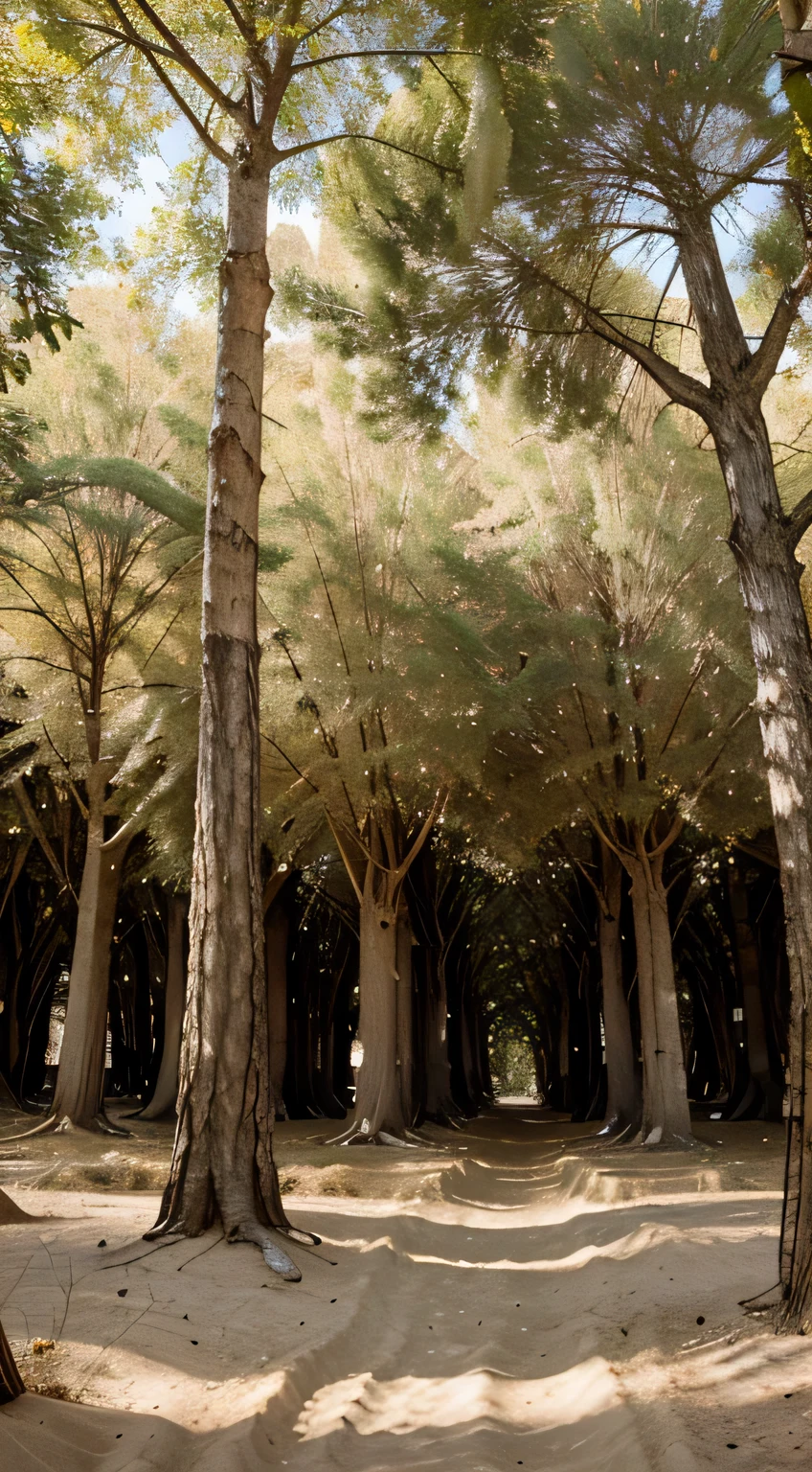 Create the image of a sycamore grove in a somewhat sandy environment
