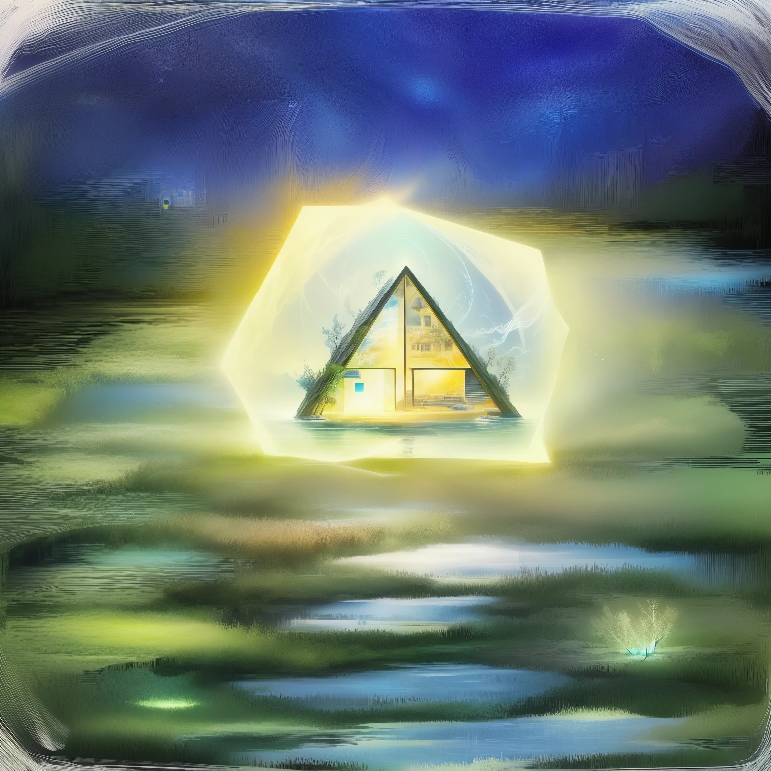 Painting of a house in a body of water, pyramid portal, Glow style painting, The gateway to the ethereal realm, dreamlike digital painting, magic portal to another world, light inside hut, Open a shining portal, portal to another world, dream portal, computer painting, a portal to the depths, Illuminate the area glass minimalist
