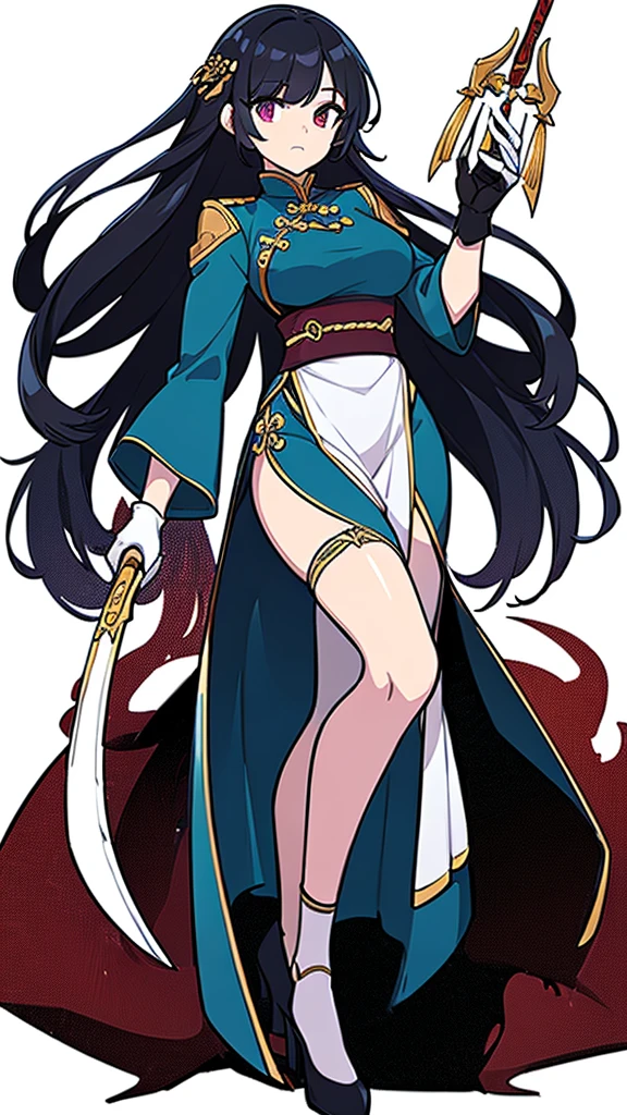 (((Best Quality))) , ((full body)), female, reference sheet, solo, (white background), holding sword, gloves, loin cloth, chinese dress skirt, trench skirt,
