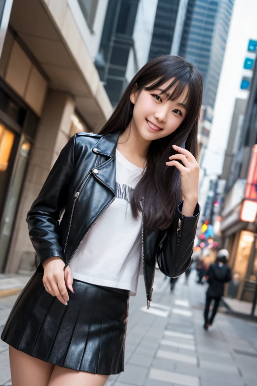 photo Realistic, masutepiece, Realistic, High contrast, hyper Detailed, Best Quality, 超A high resolution, photo Realistic, High resolution, Detailed, Raw photo, Japanese Junior High School Girl, Long hair, Black leather jacket, Long sleeves, Black micro mini skirt, Pleated skirt, black long bootle shot))), Street, Full Shot, Looking at Viewer, (((From below))), Busy city, foreshortening, (Pose Seductive), Looking at Viewer, mad, (eyecontact), japanaese girl, Smile,