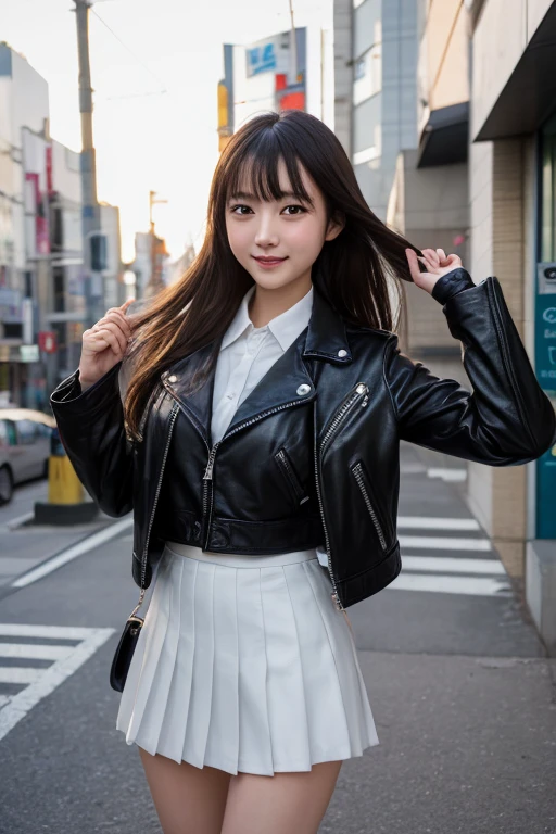 photo Realistic, masutepiece, Realistic, High contrast, hyper Detailed, Best Quality, 超A high resolution, photo Realistic, High resolution, Detailed, Raw photo, Japanese Junior High School Girl, Long hair, Black leather jacket, Long sleeves, Black micro mini skirt, Pleated skirt, black long bootle shot))), Street, Full Shot, Looking at Viewer, (((From below))), Busy city, foreshortening, (Pose Seductive), Looking at Viewer, mad, (eyecontact), japanaese girl, Smile,