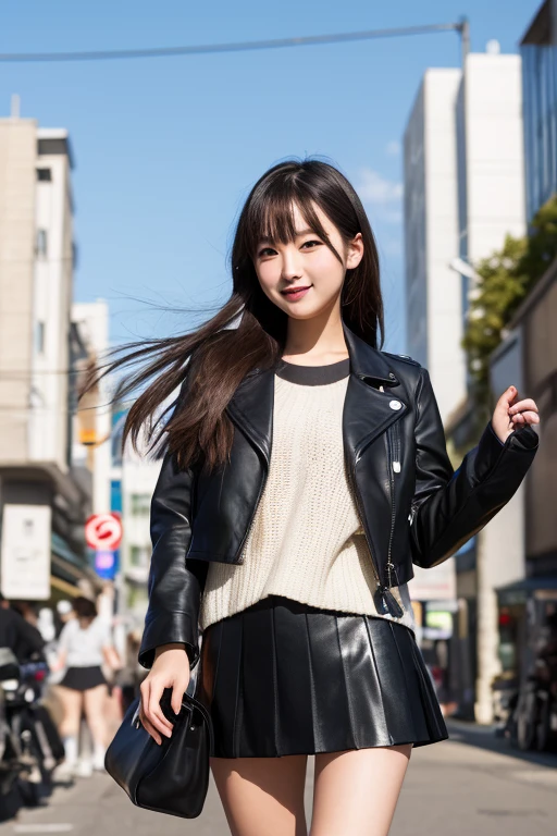 photo Realistic, masutepiece, Realistic, High contrast, hyper Detailed, Best Quality, 超A high resolution, photo Realistic, High resolution, Detailed, Raw photo, Japanese Junior High School Girl, Long hair, Black leather jacket, Long sleeves, Black micro mini skirt, Pleated skirt, black long bootle shot))), Street, Full Shot, Looking at Viewer, (((From below))), Busy city, foreshortening, (Pose Seductive), Looking at Viewer, mad, (eyecontact), japanaese girl, Smile,