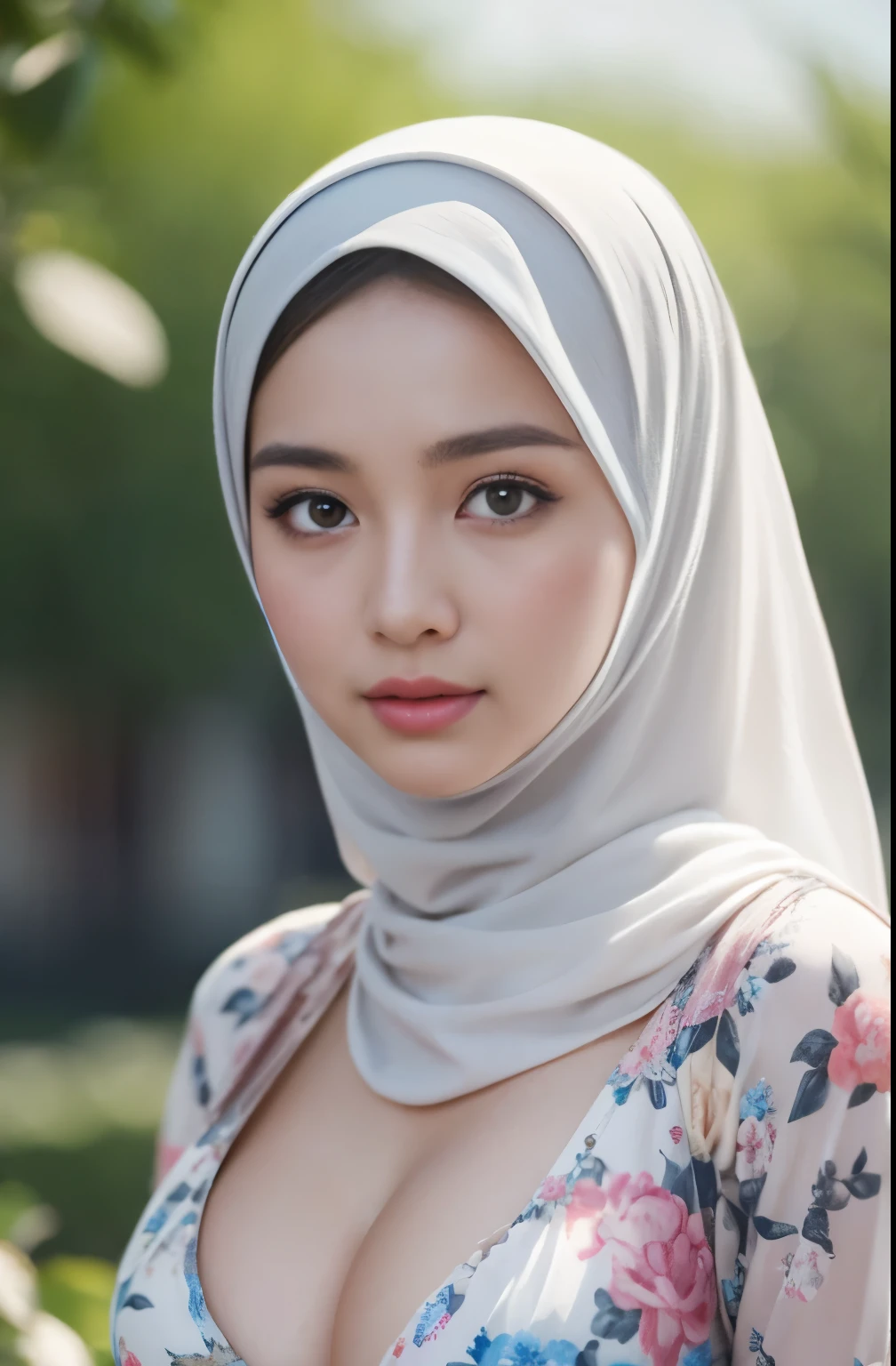 (Close-up of the painting style,Ultra HD 8K,Masterpiece grade CG wallpaper),Cinematic lighting,cute girly,Delicate and beautiful face,Dreamy pupils,Wearing a small floral short summerdresound waist,hijabi,Bust poem,Sit,Cloudy background,the trees,florals,夏天,Chinese style buildings, cleavage, magical