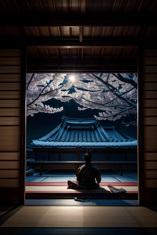 _The scene opens with the samurai seated on a tatami mat, his back straight and posture disciplined. The balcony is adorned with wooden panels and sliding doors, allowing a gentle breeze to enter. Cherry blossom petals float in the air, adding a touch of ephemeral beauty. add wind and snow fall_