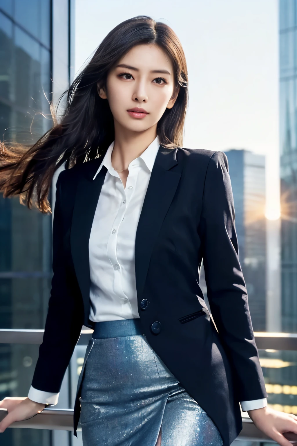 ((Tabletop:1.4, highest quality)), (Realistic photos:1.4), 
((1 girl)), Shiny black hair, Hair blowing in the wind,
(超A high resolution:1.2), Very delicate and beautiful, wonderful, 
Very detailed CG Unity 8k wallpaper, Very detailed, High resolution, Soft Light, 
Beautiful detailed girl, Very detailedな目と顔, Beautiful and detailed nose, Fine and beautiful eyes, 
(Dark blue business suit, skirt:1.4),
Cinema Lighting, Perfect Anatomy, Slender body, Long, slender legs, Was nervous,
(Glass Skyscraper:1.3), (Clear winter blue sky:1.4), (A beautiful form with an inorganic feel),
Cool look, Cowboy Shot