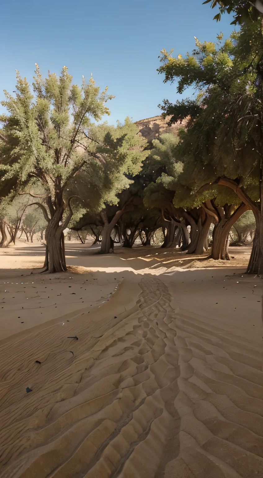Create the image of a sycamore grove in a somewhat sandy environment