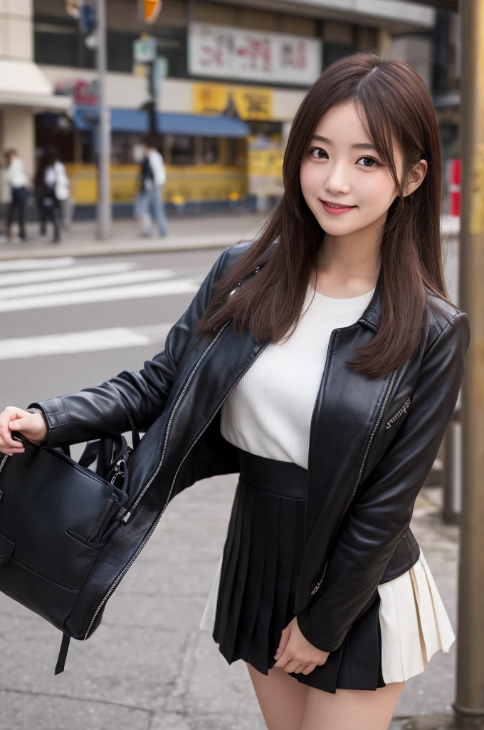 (Highly detailed CG Unity 8k wallpaper, top quality, ultra-detailed, high resolution, masterpiece, realistic, photorealistic:1.5), (cute Japanese girl), extremely detailed face, face focus, beautiful detailed eyes, eye focus, (detailed background), detailed clothes, super detailed skin, (office lady:1.5), (wearing adorable jacket suits:1.5), (wearing adorable pencil skirt:1.5), (beautiful outdoor background:1.5), midi wavy hair, brown hair, floating hair, medium breast, medium ass, (make up), (adorable smile:1.3), (POV:1.6),