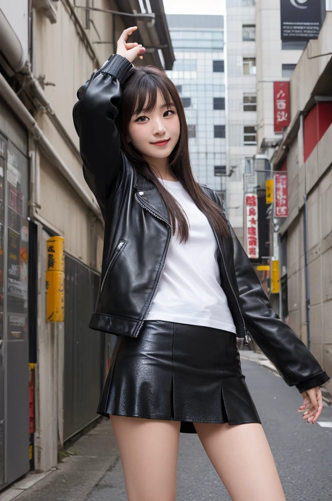 photo Realistic, masutepiece, Realistic, High contrast, hyper Detailed, Best Quality, 超A high resolution, photo Realistic, High resolution, Detailed, Raw photo, Japanese Junior High School Girl, Long hair, Black leather jacket, Long sleeves, Black micro mini skirt, Pleated skirt, black long bootle shot))), Street, Full Shot, Looking at Viewer, (((From below))), Busy city, foreshortening, (Pose Seductive), Looking at Viewer, mad, (eyecontact), japanaese girl, Smile,