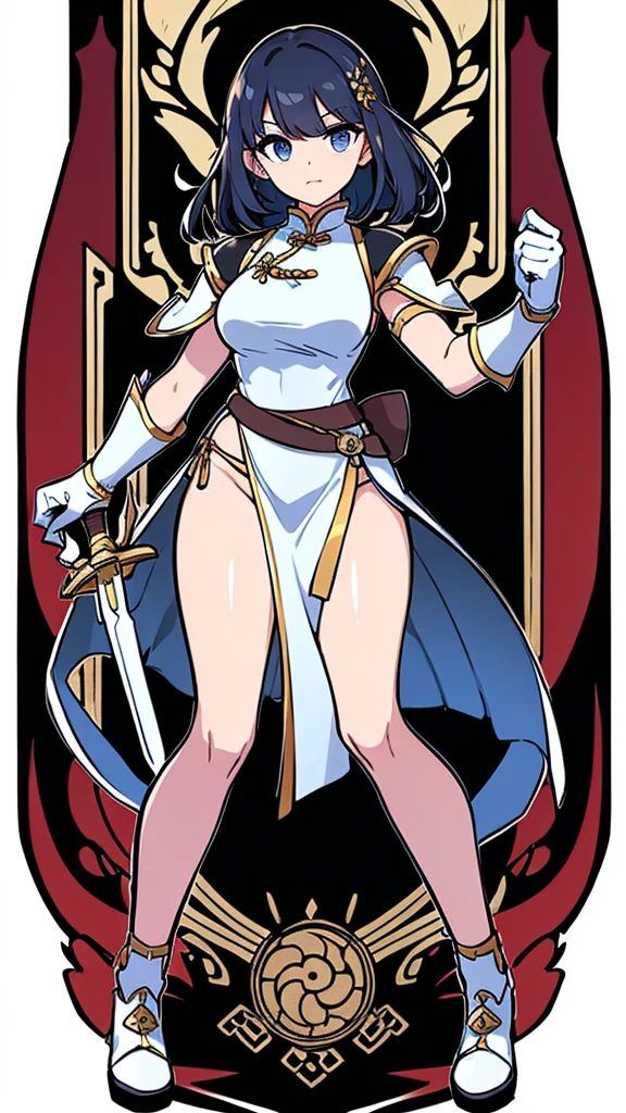 (((Best Quality))) , ((full body)), female, reference sheet, solo, (white background), sarong, holding weapon, gloves, slit trench skirt, bareback, belt, standing,