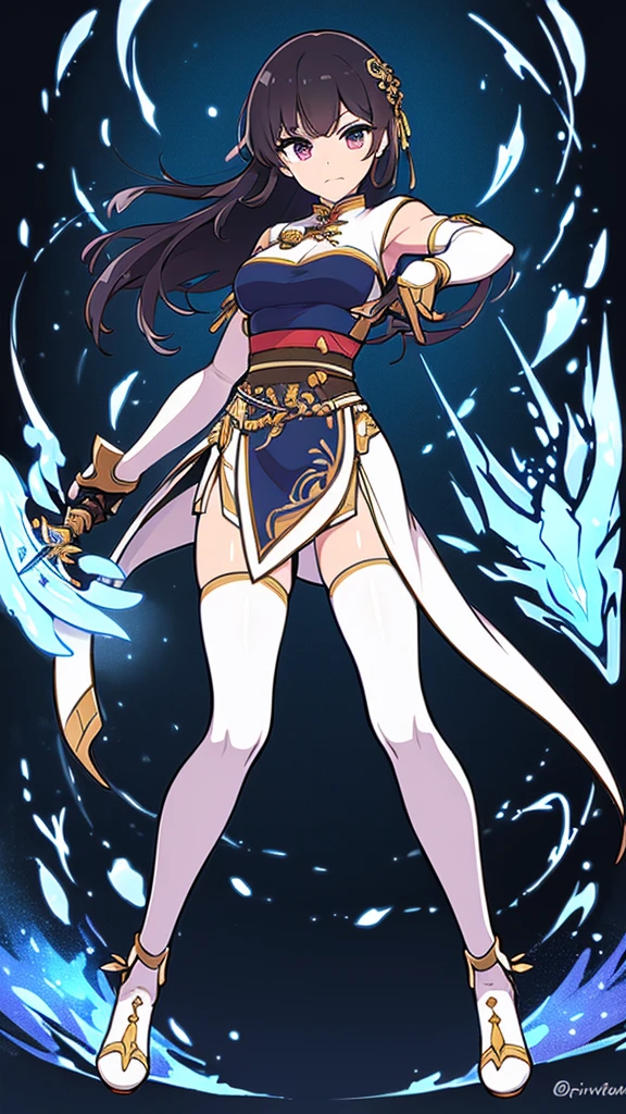 (((Best Quality))) , ((full body)), female, reference sheet, solo, (white background), holding sword, gloves, loin cloth, chinese dress skirt, trench skirt, armor,