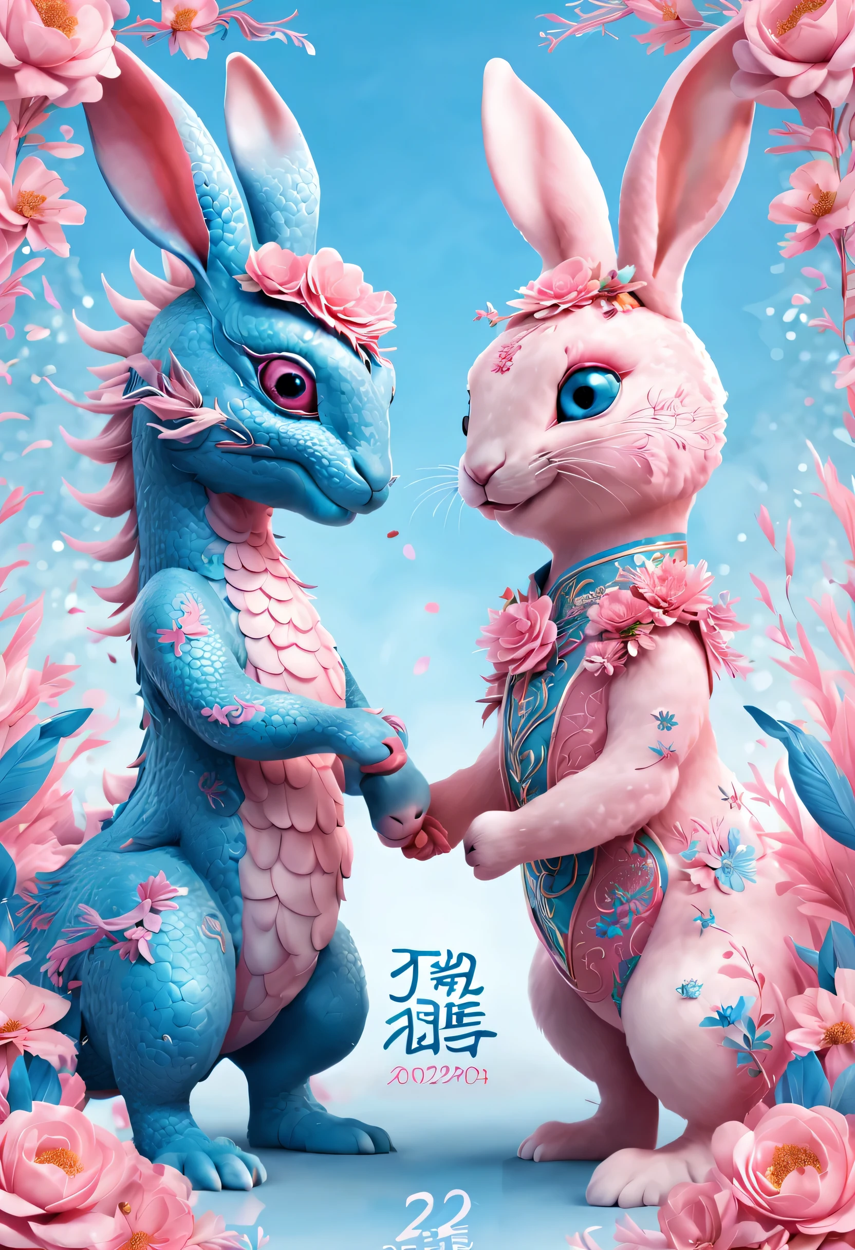 （2024 new year poster design），Pink and blue as main colors， (Cute and playful blue zodiac dragon shaking hands with pink rabbit）,Wearing beautiful makeup，Long eyelashes，a happy new year，（2024）， a happy new year，fresh flowers，