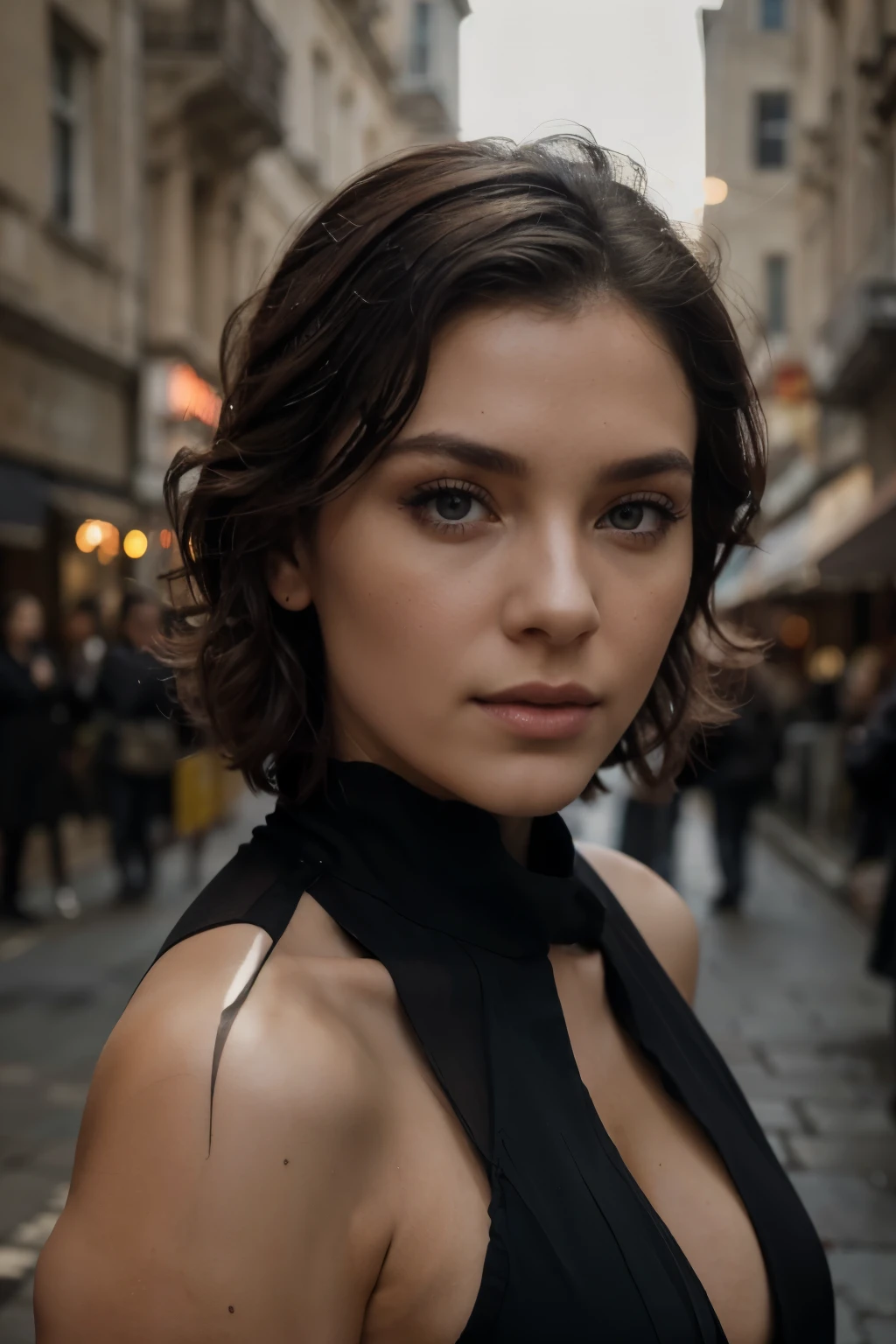 Breathtaking cinematic photo of a 25 year old girl with cheveux bruns and yeux bruns, angry, beau lips, Intricate details, faible profondeur de champ, highly detailed, Big budget Hollywood movie, epic, beau, Masterpiece, award winner, professionnel, highly detailed, detailed skin texture, (rougir: 0.5), (chair de poule: 0.5). (the most beau woman in the world) (cheveux bruns) (short curly hair, poils sauvages, elegant coupe) visage mince, nez mince, beau, very beau, Parfait face, Mince (Mince) corps, (cheveux bruns) (yeux bruns ) (peau blanche) Beautiful corps, Face Ouest, Yeux predators, pink lips, cuisses minces. full corps, Beauté occidentale, nez mince, beau, Parfait, ((Best quality)), ((Ultra Resolution)), ((photoreallistic: 1.4)), (Intricate details), Parfait face, Makeup: 1.5 , visage clair, face details. Vue de face (Scene d'affiche, film scene) (action, combat, Explosion in the background, tir) Nuit, Sombre. (Robe noire, black clothing)