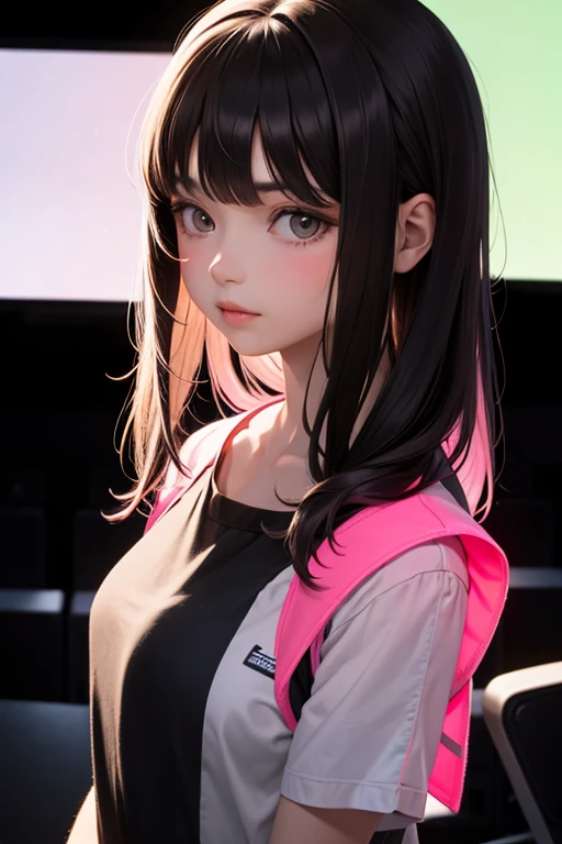multicolour, 1 girl, the night, Dark, brunette color hair, looking at viewert, The upper part of the body, facing to audience, limited palette, with black background, glowing,