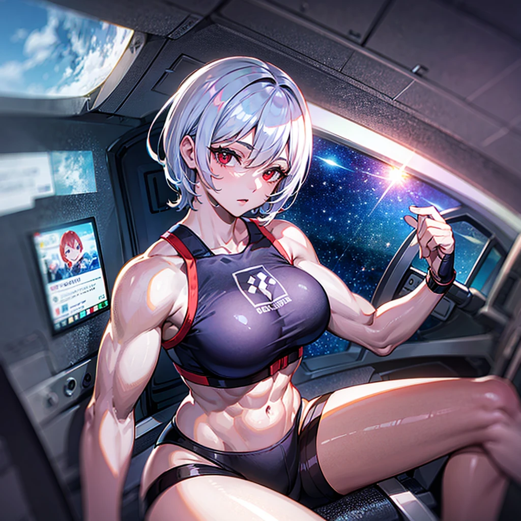 (((masterpiece、Top image quality、top-quality、highly detailed unity 8kwall-paper)))、((Illustration of one girl))、(pilot)、(((blue silver short hair)))、Red eyes、((Tall))、(((Muscle Girl、Muscular and strong body、abdominals、muscular and thick arms、muscular and thick legs、stocky build、muscular legs、broad shoulders))))、(((白いpilotスーツ)))、((manspreading、Sitting in the cockpit))、((space fighter cockpit、The Universe on the Monitor、Earth seen from space))