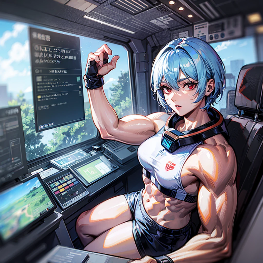 （（（​masterpiece、Top image quality、top-quality、highly detailed unity 8ｋwall-paper）））、（（Illustration of one girl））、（pilot）、（（（blue silver short hair）））、Red eyes、（（Tall））、（（（Muscle Girl、Muscular and strong body、abdominals、muscular and thick arms、muscular and thick legs、stocky build、muscular legs、broad shoulders））））、（（（白いpilotスーツ）））、（（manspreading、Sitting in the cockpit））、（（space fighter cockpit、The Universe on the Monitor、Earth seen from space））