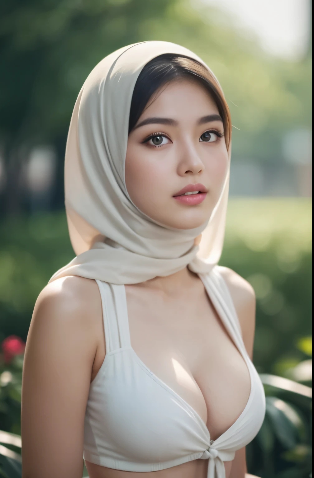 Porn, (Close-up of the painting style，Ultra HD 8K，Masterpiece grade CG wallpaper)，Cinematic lighting，cute girly，Delicate and beautiful face，Dreamy pupils，Wearing a small floral short summerdresound waist,hijabi,Bust poem,Sit，Cloudy background,the trees,florals,夏天,Chinese style buildings, cleavage, magical