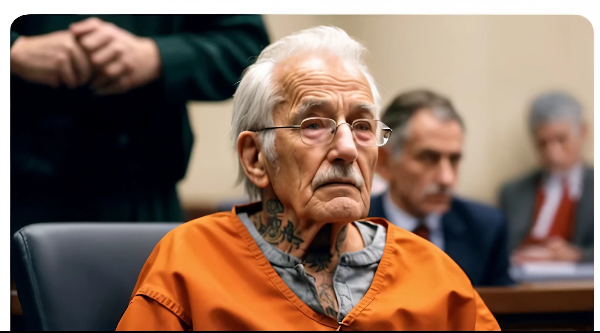 a close up of a person with a tattooed face and neck, old man, older man age 90, elderly woman, an old man, the look of an elderly person, frail, ugly man, very shock and very old, an old man with red skin, elderly, 90 years old, 90 years old, perfect shading, sitting at the courtroom, background courtroom with witness at the back, old man wearing orange prison jumpsuit, old man is a criminal in the court, many witness at the back, many  wrinkles on face and neck, very shock and open mouth old man