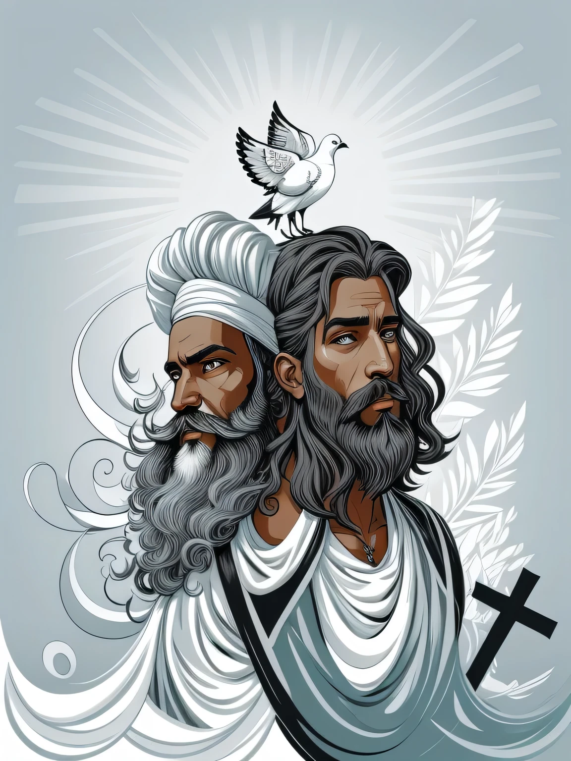 drawing of a man with a beard and a dove on his head, Jesus Negro, in style of digital illustation, full color digital illustation, Divino e estoico, digital illustation, Artistic illustration, bible illustration, inspirado em Ras Akyem, stylized digital illustation, full-colour illustration, detailed digital illustation, digital art illustration, full-colour illustration, Directed by: Eddie Mendoza