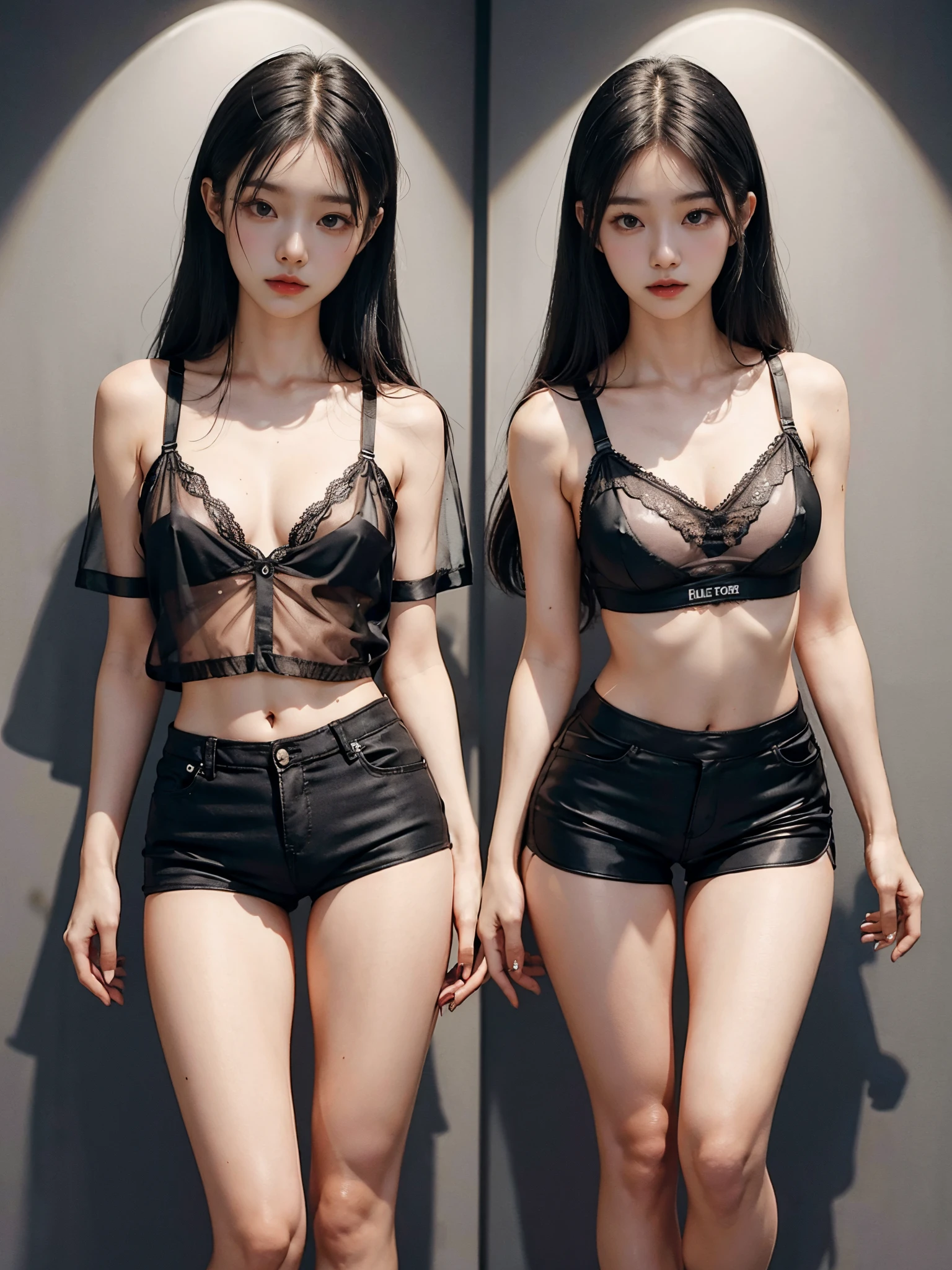 Girl posing for photo wearing (black bra: 1.7) and (cotton see-through shorts: 1.8), arms behind her back, (full body, full body: 1.9) (black silk: 1.7), with cropped t-shirt, bra, slim figure, more bust, slim girl model, 16 year old female model, gold wire glasses,Super live-action photo quality images,surreal photo,almost completely naked,wearing almost nothing,Korean Idol,Korea person,Korean beautiful girl,Detailed expression of facial skin,thin cotton underwear,