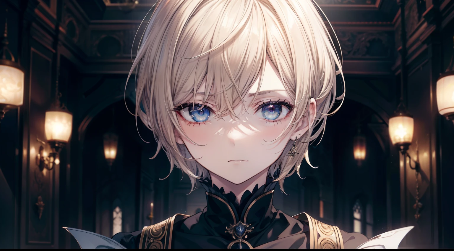 (masutepiece, Best Quality), Intricate details, 8K, Sharp focus quality) (Detailed skin:1.3) (Intricate details) (8K) (Detailed eyes) (Anime) Man's character, Soft hair, Short hair, light brown hair, Light blue eyes, Man's, Anime Man's, frontage, 素敵なMan's子, Perfect face, Detailed eyes, Bold background, Detailed accessories, Unique costumes, Sharp eyes, Man's, A young man, Idol, dark color, pale skin, Vampire, tusk, Defined features, Model, Gothic, Symbolism, Comfortable clothing, Dark room, Cluttered room, Indoors, Detailed background, Bold colors, bold outline, Sharp face, Nighttime, Night, Pose, Handsome, sleepy, Tired, drooing eyes