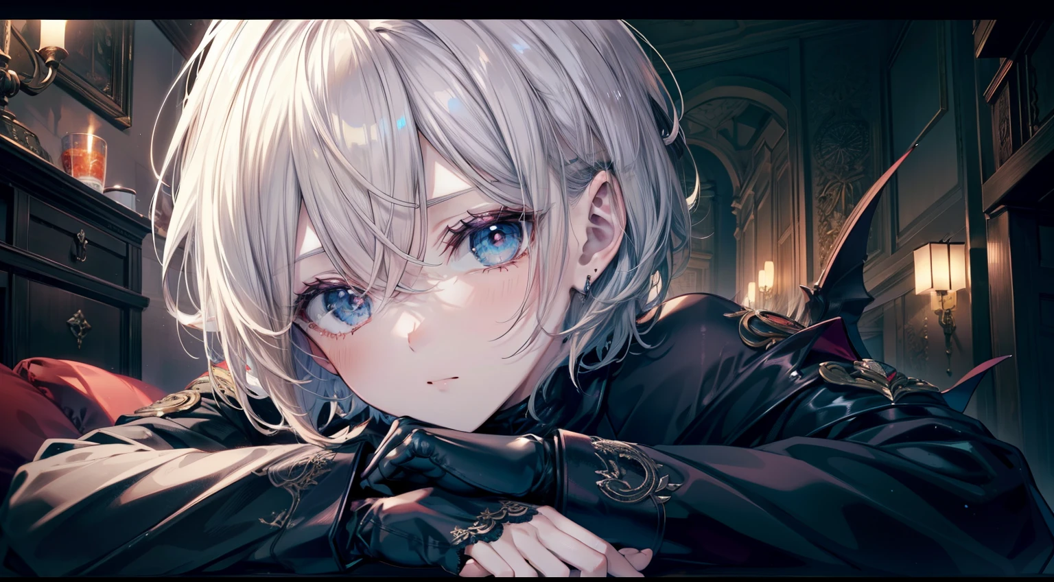 (masutepiece, Best Quality), Intricate details, 8K, Sharp focus quality) (Detailed skin:1.3) (Intricate details) (8K) (Detailed eyes) (Anime) Man's character, Soft hair, Short hair, light brown hair, Light blue eyes, Man's, Anime Man's, frontage, 素敵なMan's子, Perfect face, Detailed eyes, Bold background, Detailed accessories, Unique costumes, Sharp eyes, Man's, A young man, Idol, dark color, pale skin, Vampire, tusk, Defined features, Model, Gothic, Symbolism, Comfortable clothing, Dark room, Cluttered room, Indoors, Detailed background, Bold colors, bold outline, Sharp face, Nighttime, Night, Pose, Handsome, sleepy, Tired, drooing eyes