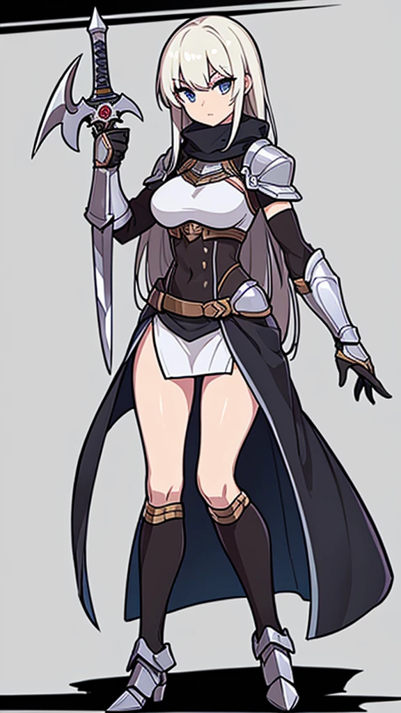 (((Best Quality))) , ((full body)), female, reference sheet, solo, (white background), holding sword, loin cloth, slit trench skirt, armor, gauntlet,